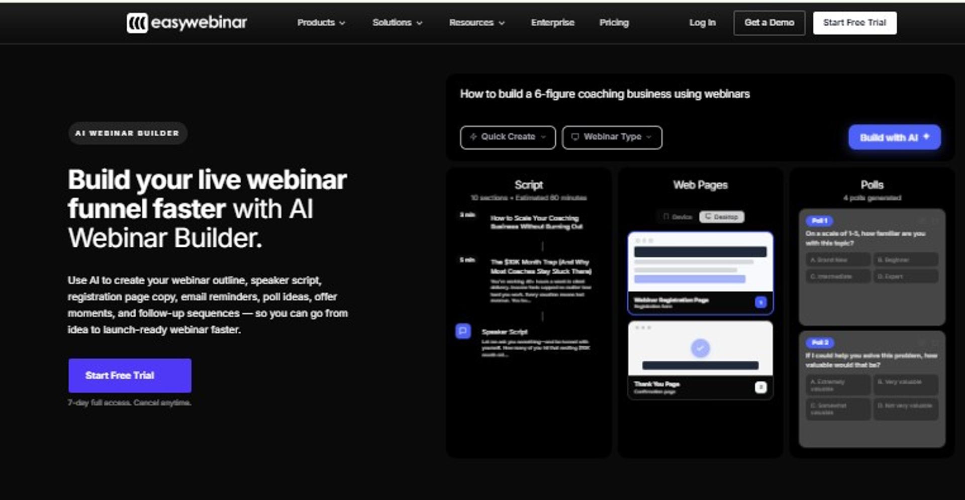 EasyWebinar AI Webinar Builder generating a webinar script, registration pages, and poll questions
