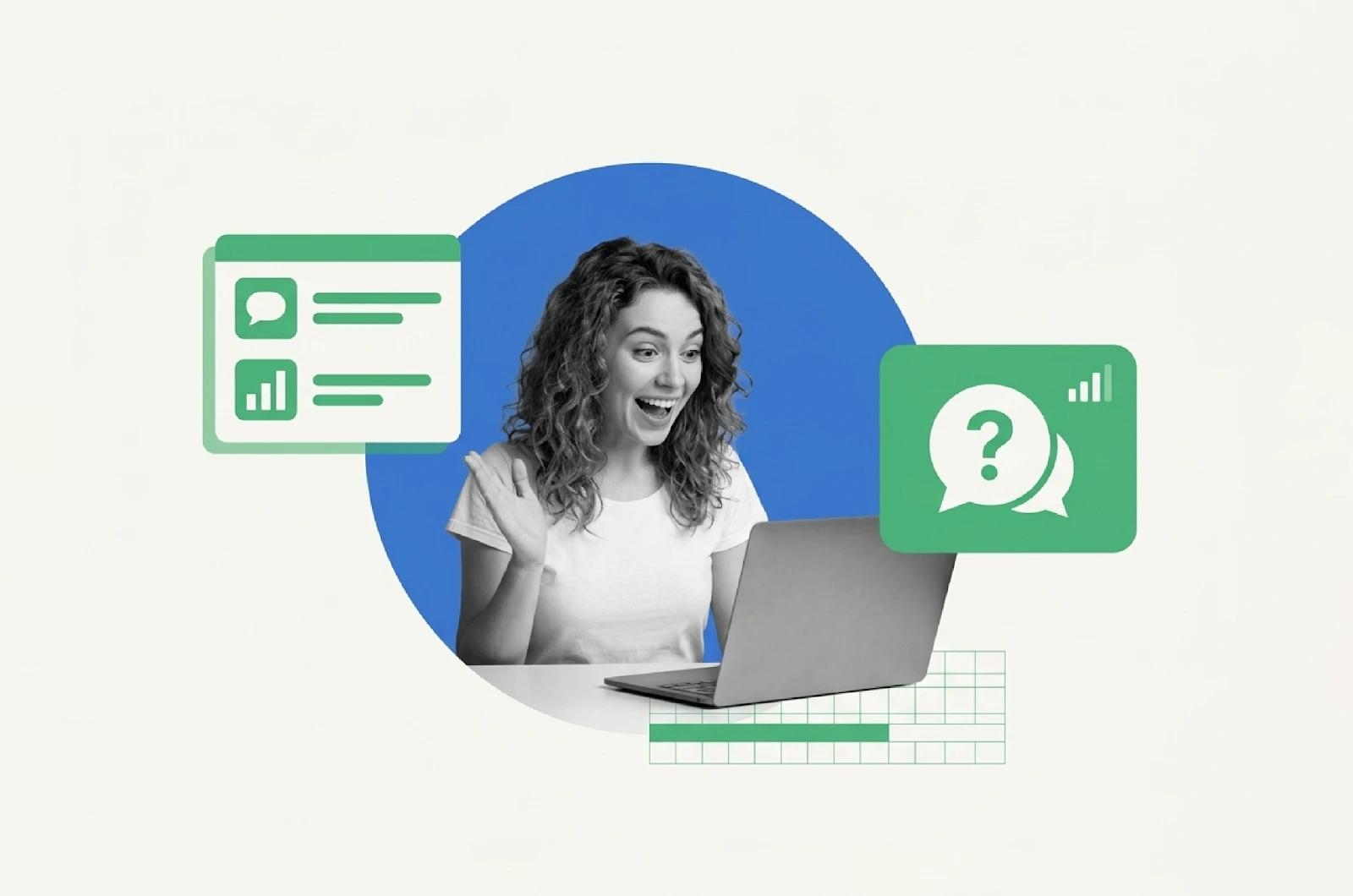 First time a webinar guide banner showing excited attendee at laptop with live chat, polls, and Q&A icons, illustrating what to expect from a webinar
