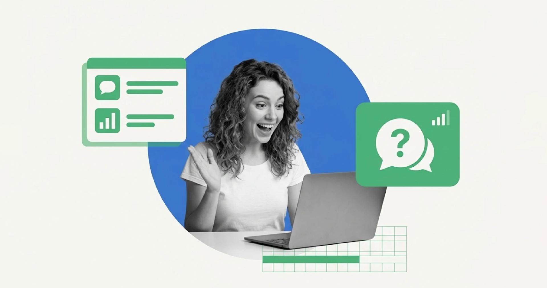 First time a webinar guide banner showing excited attendee at laptop with live chat, polls, and Q&A icons, illustrating what to expect from a webinar