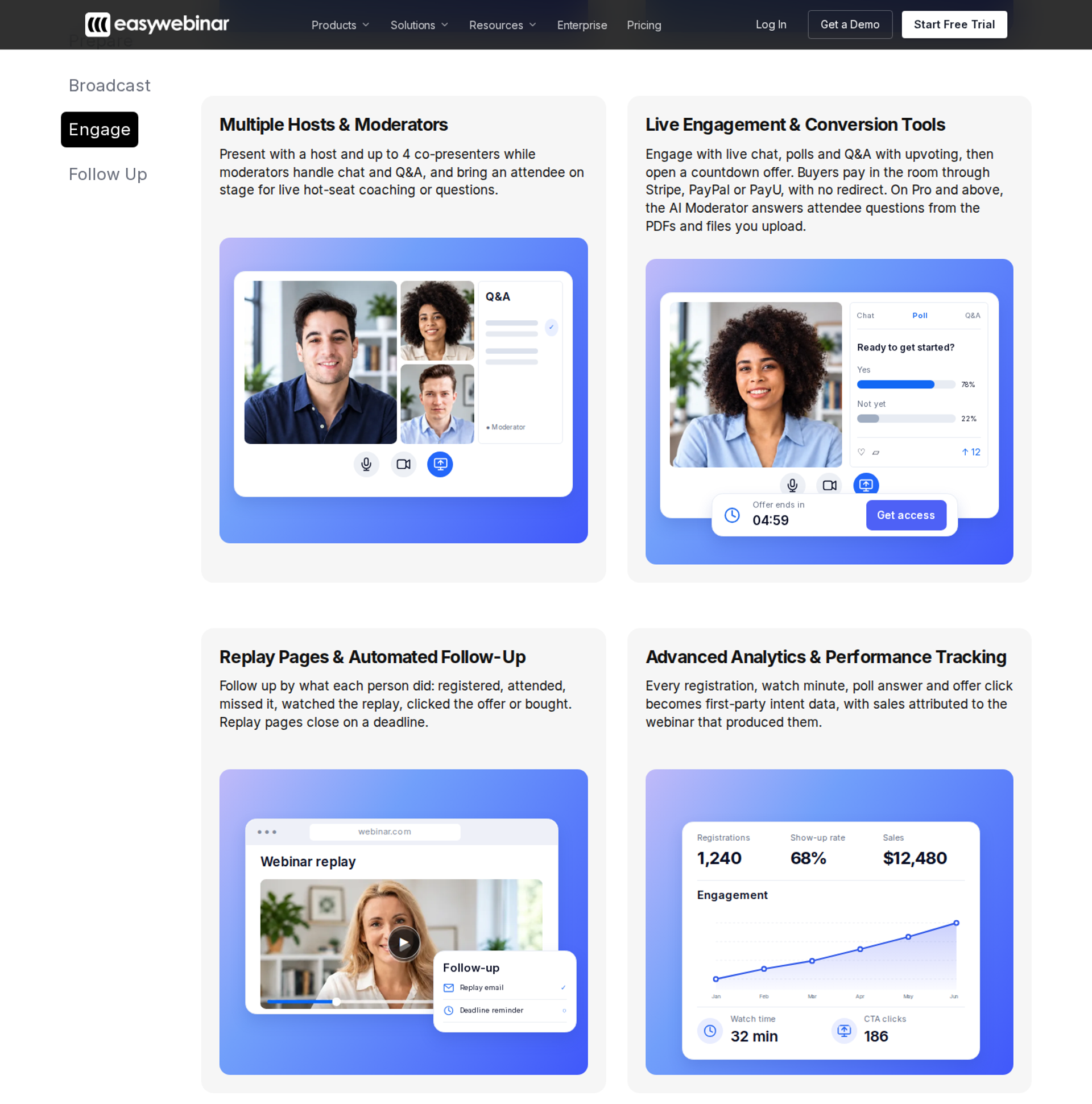 EasyWebinar Engage step with live engagement and conversion tool cards, replay follow-up, and an analytics dashboard