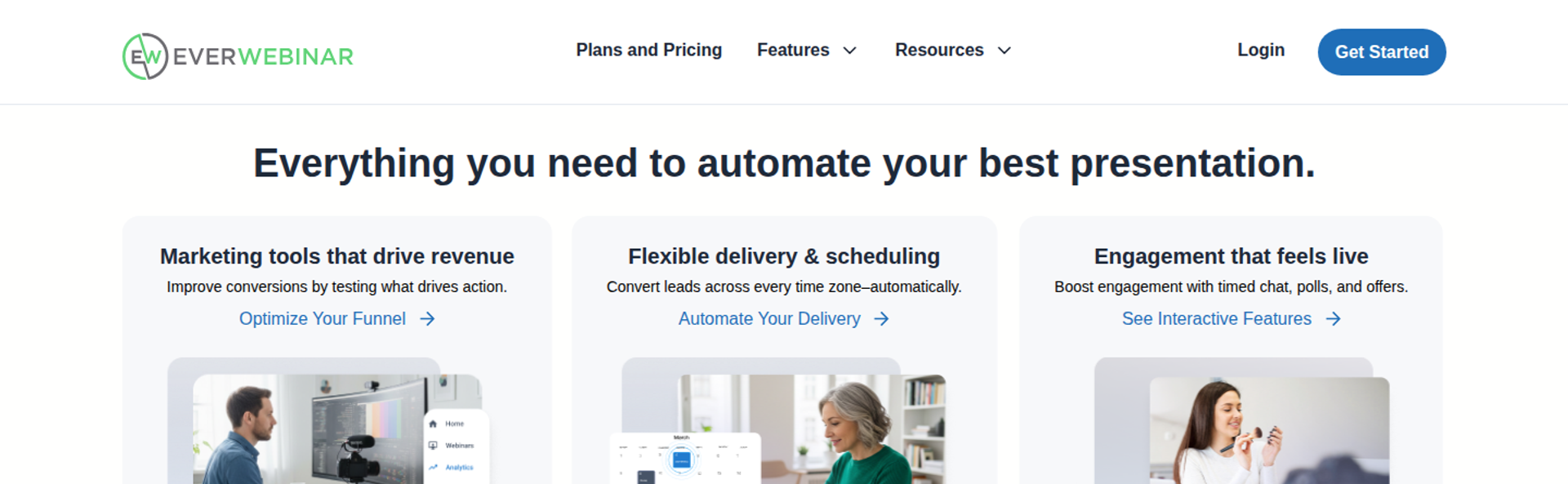EverWebinar page with feature cards for marketing tools, flexible scheduling, and engagement tools