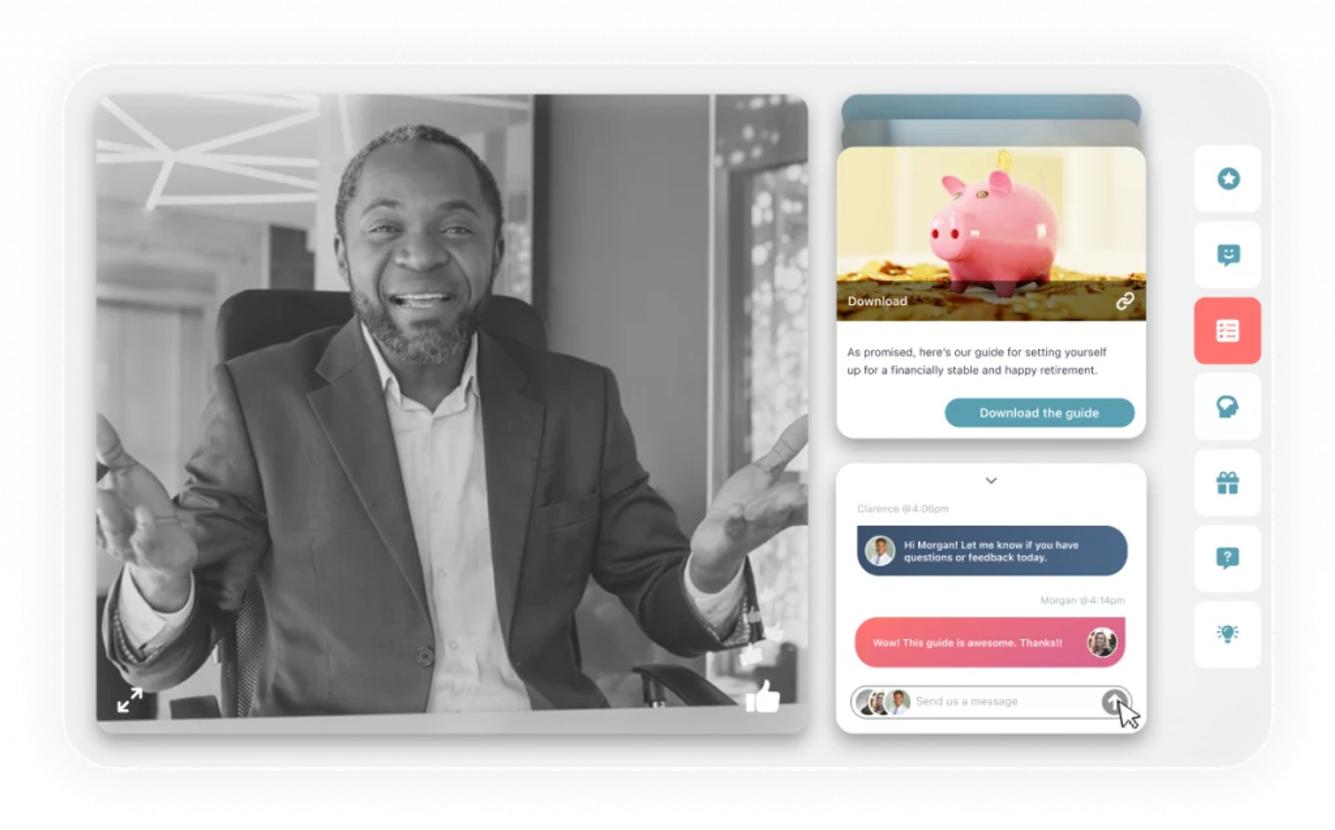 eWebinar simulated-live session with four-participant video grid, materials library, and chat panel for engagement-driven broadcasts.