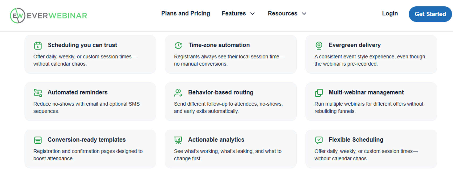 EverWebinar feature grid: evergreen delivery, time-zone automation, behavior-based routing, automated reminders