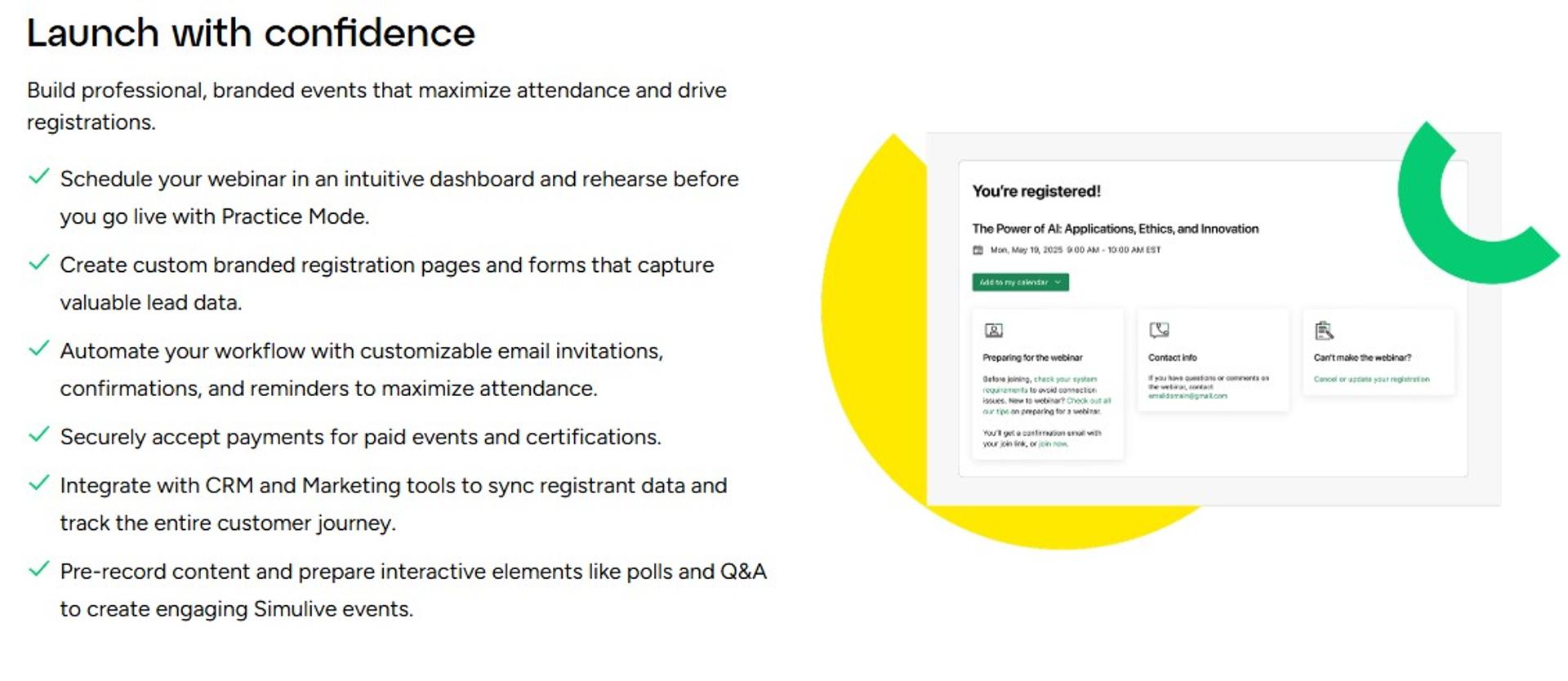 GoTo Webinar registration confirmation page beside branded pages, reminder emails, payments, and CRM sync features