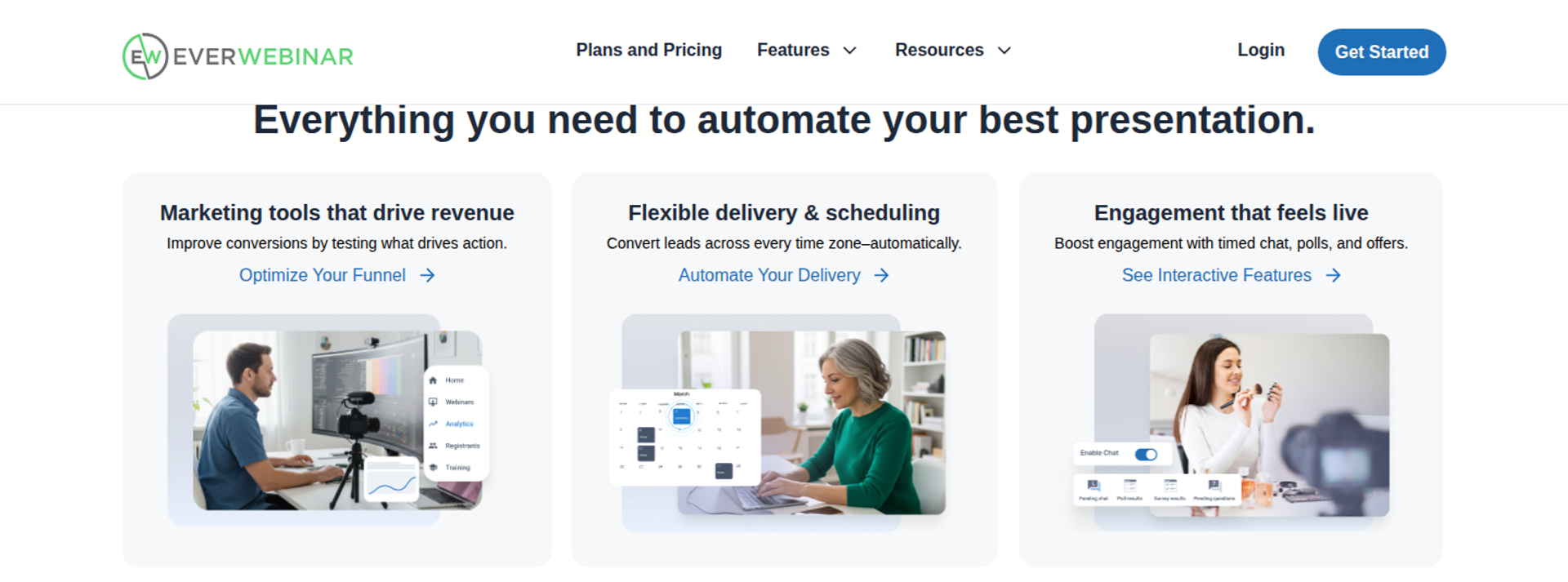 EverWebinar feature section with three cards for marketing tools, flexible scheduling, and engagement, each with a photo