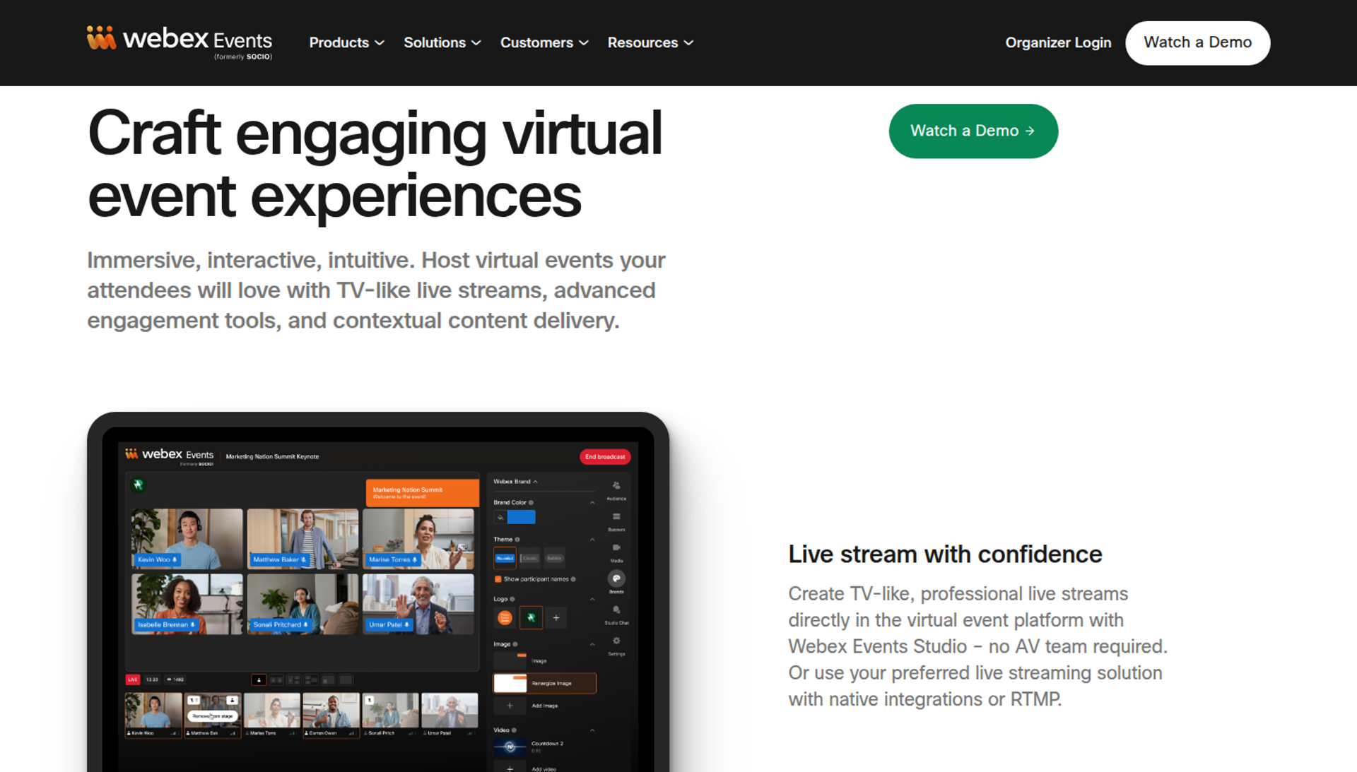Webex Events page headline Craft engaging virtual event experiences beside a tablet showing a multi-speaker live stream