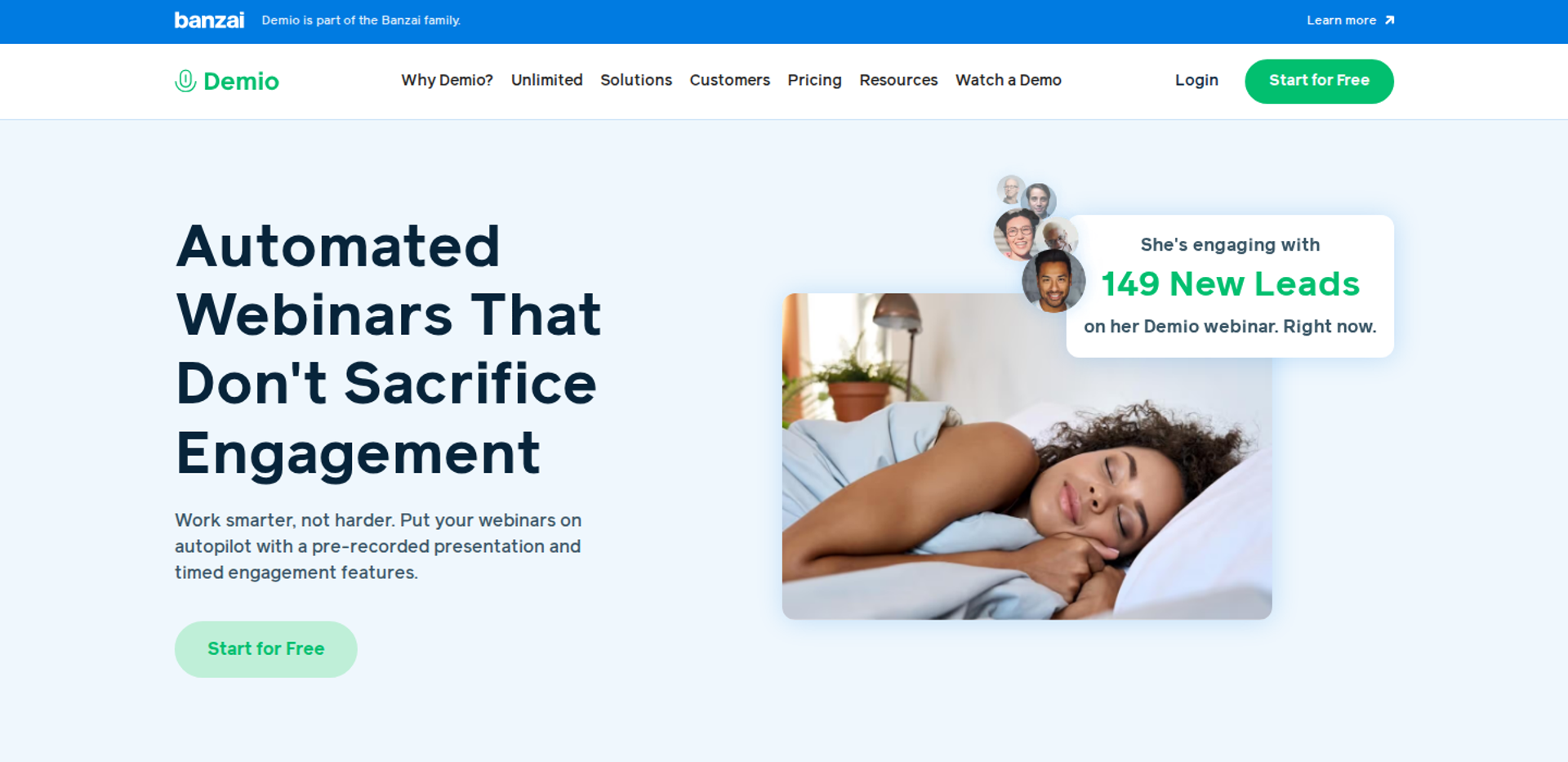 Demio automated webinars page headline beside a photo of a sleeping woman and a 149 new leads badge