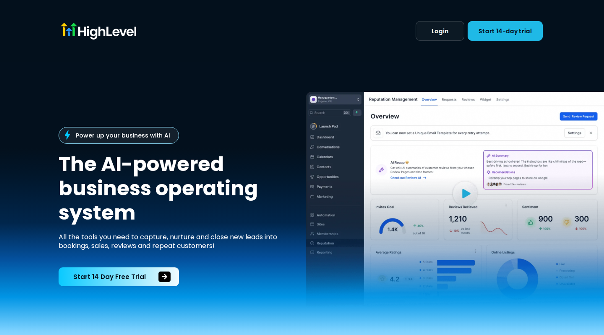 GoHighLevel homepage with AI-powered business operating system headline beside a reputation dashboard