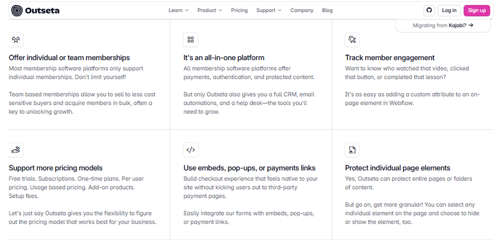 Outseta membership platform features for team access, CRM, engagement tracking, payments, and protected training content