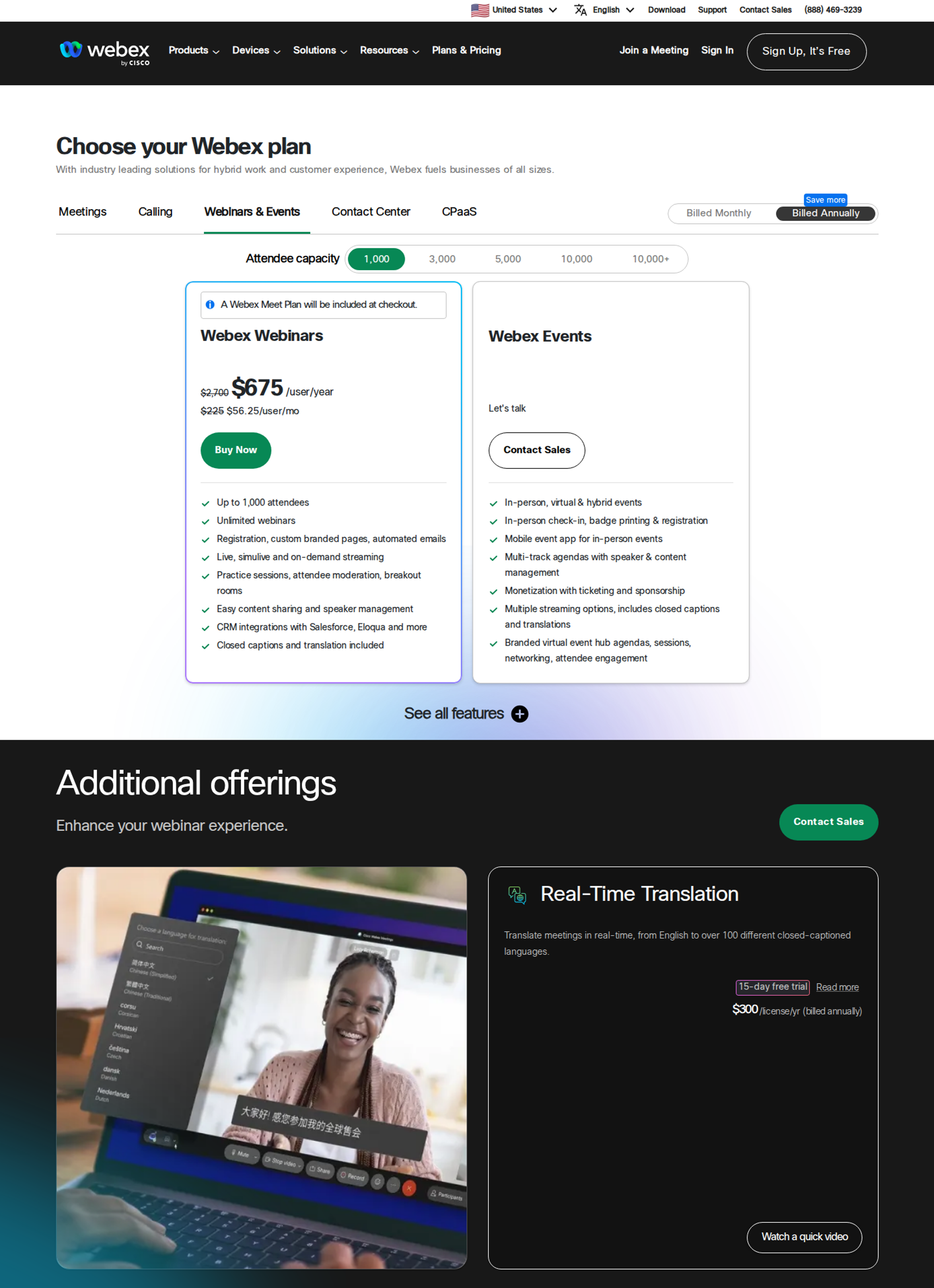 Webex Webinars plan card listing webinar features above a live webinar image with real-time translation