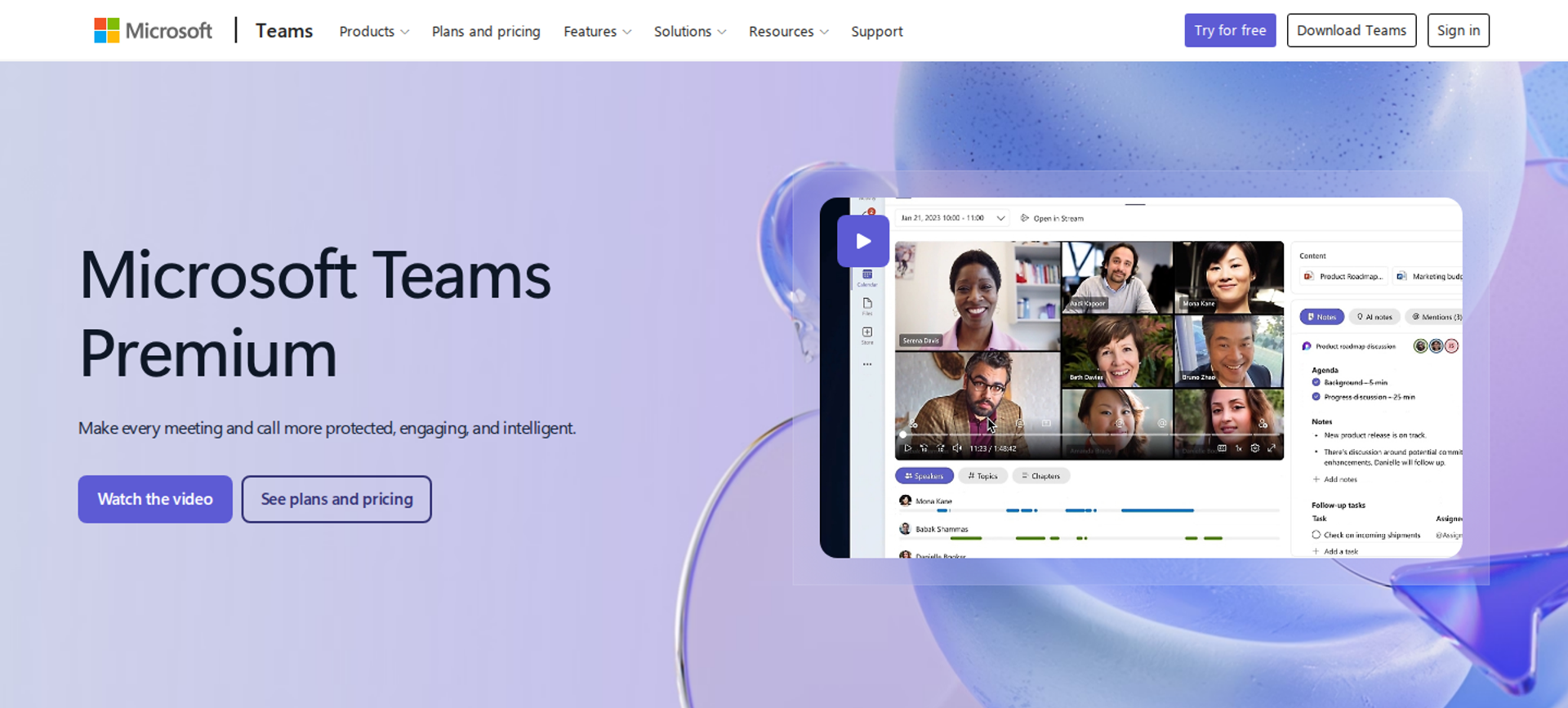 Microsoft Teams Premium homepage hero beside a Teams meeting window with a participant video grid