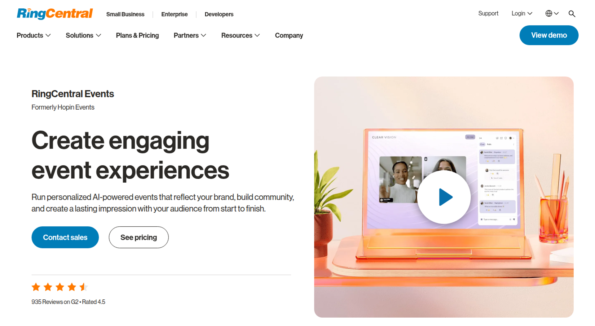 RingCentral Events page headline Create engaging event experiences beside a tablet showing a video event with chat