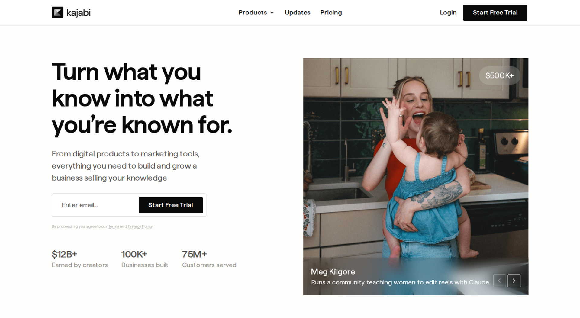 Kajabi homepage headline beside a creator photo, with stats for $12B+ earned by creators and 100K+ businesses built
