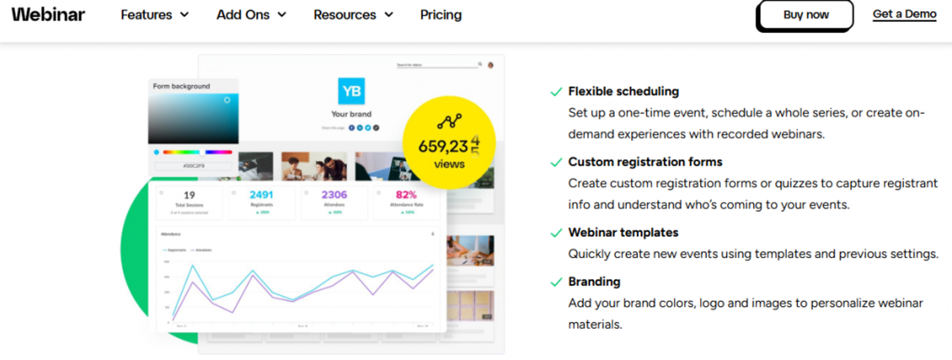 GoToWebinar section 3 showing dashboard with flexible scheduling, custom registration forms, templates, and branding