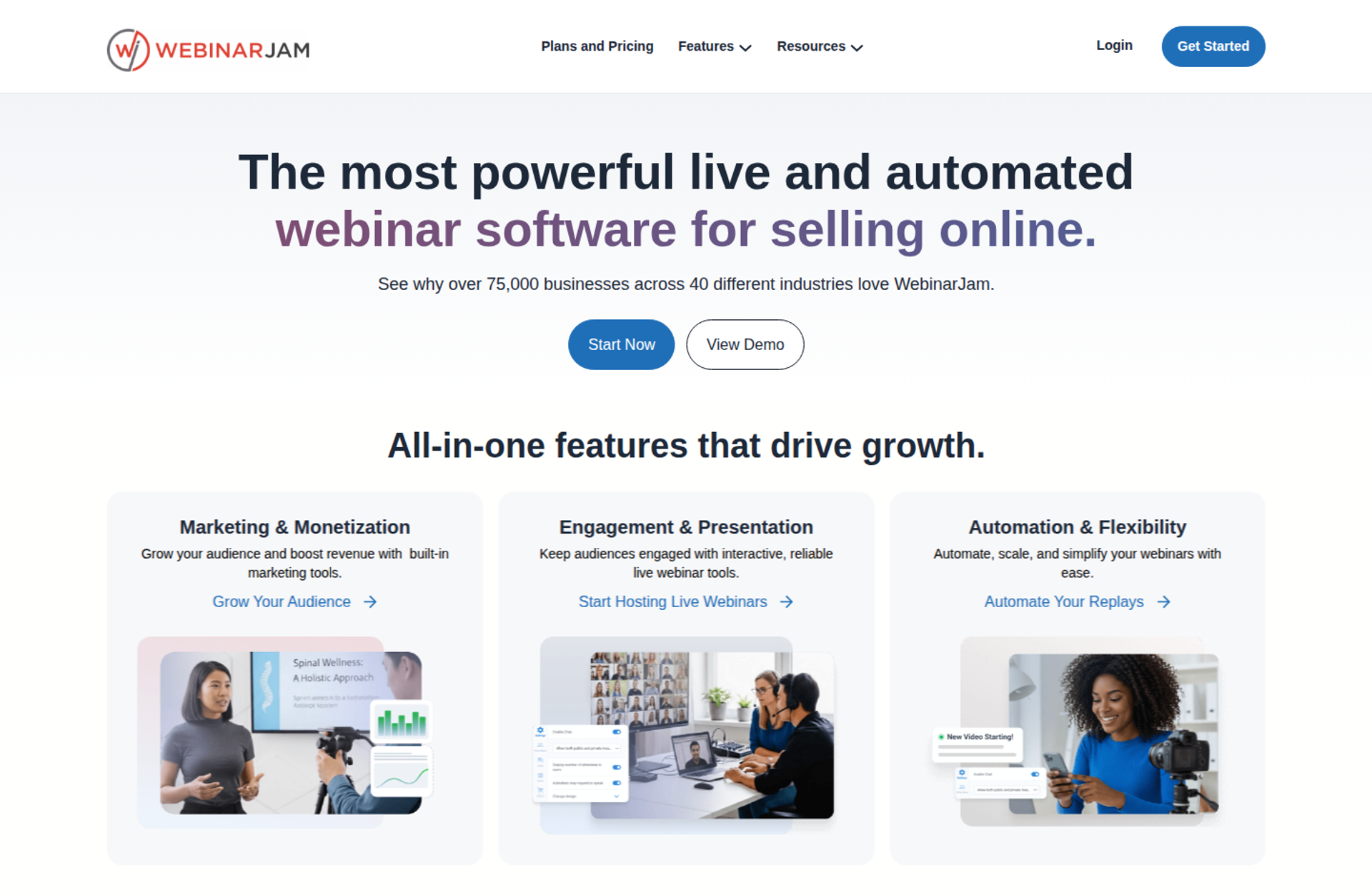 WebinarJam homepage with live and automated webinar headline and three feature cards with images