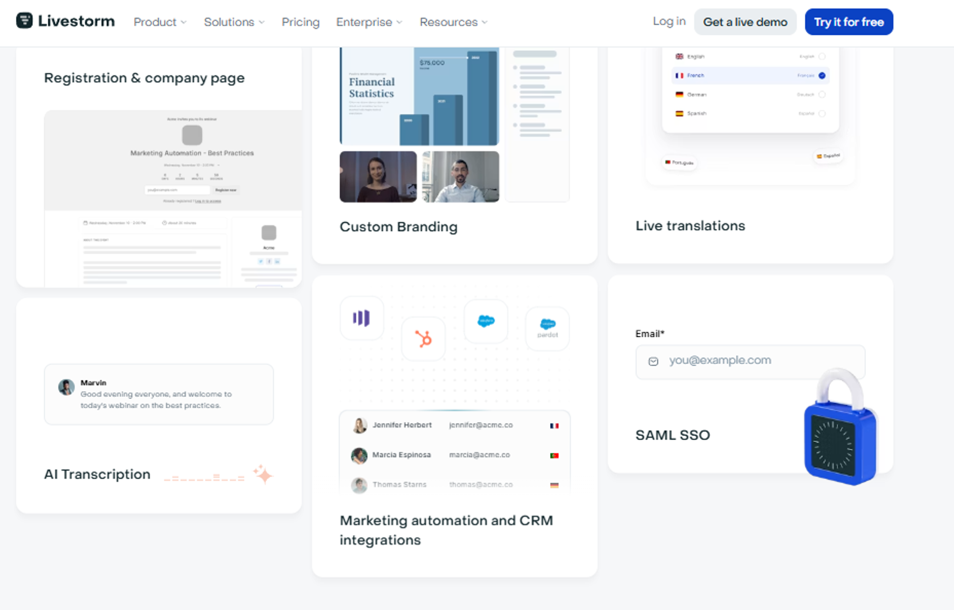 Livestorm features panel showing custom branding, live translations, and CRM integrations