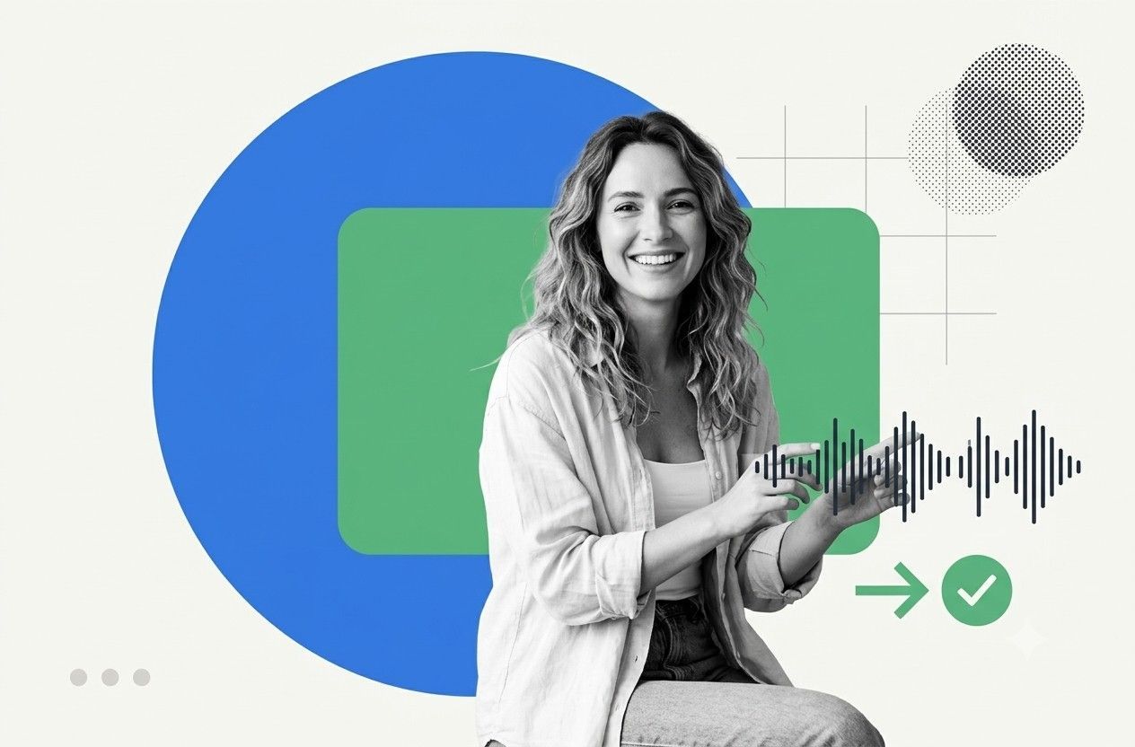 Smiling host presenting a video podcast webinar beside an audio waveform and green approval checkmark