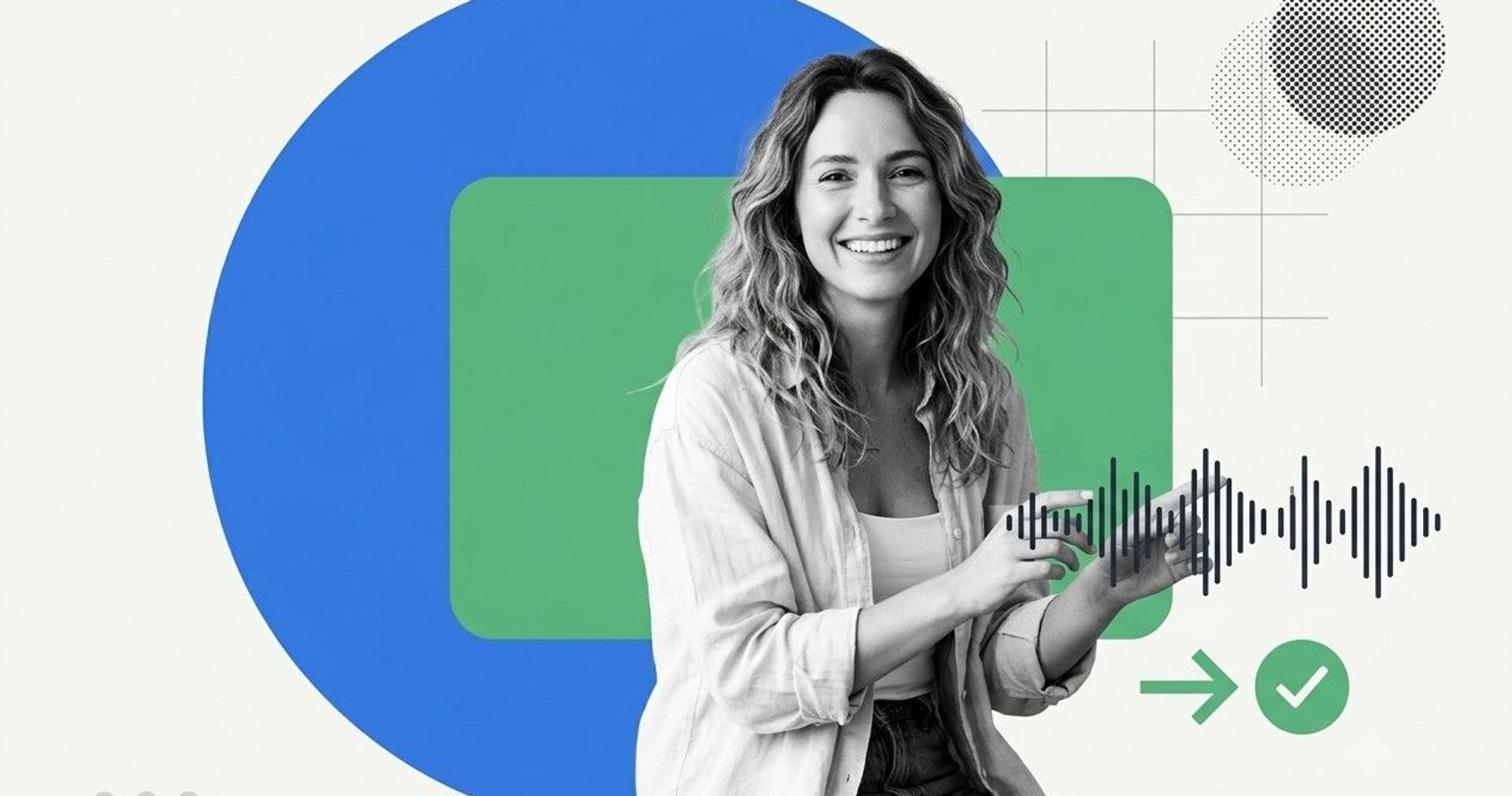 Smiling host presenting a video podcast webinar beside an audio waveform and green approval checkmark