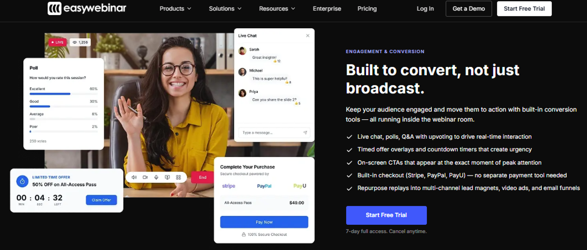 EasyWebinar conversion tools showing live poll, chat, countdown offer and built-in Stripe checkout in-room