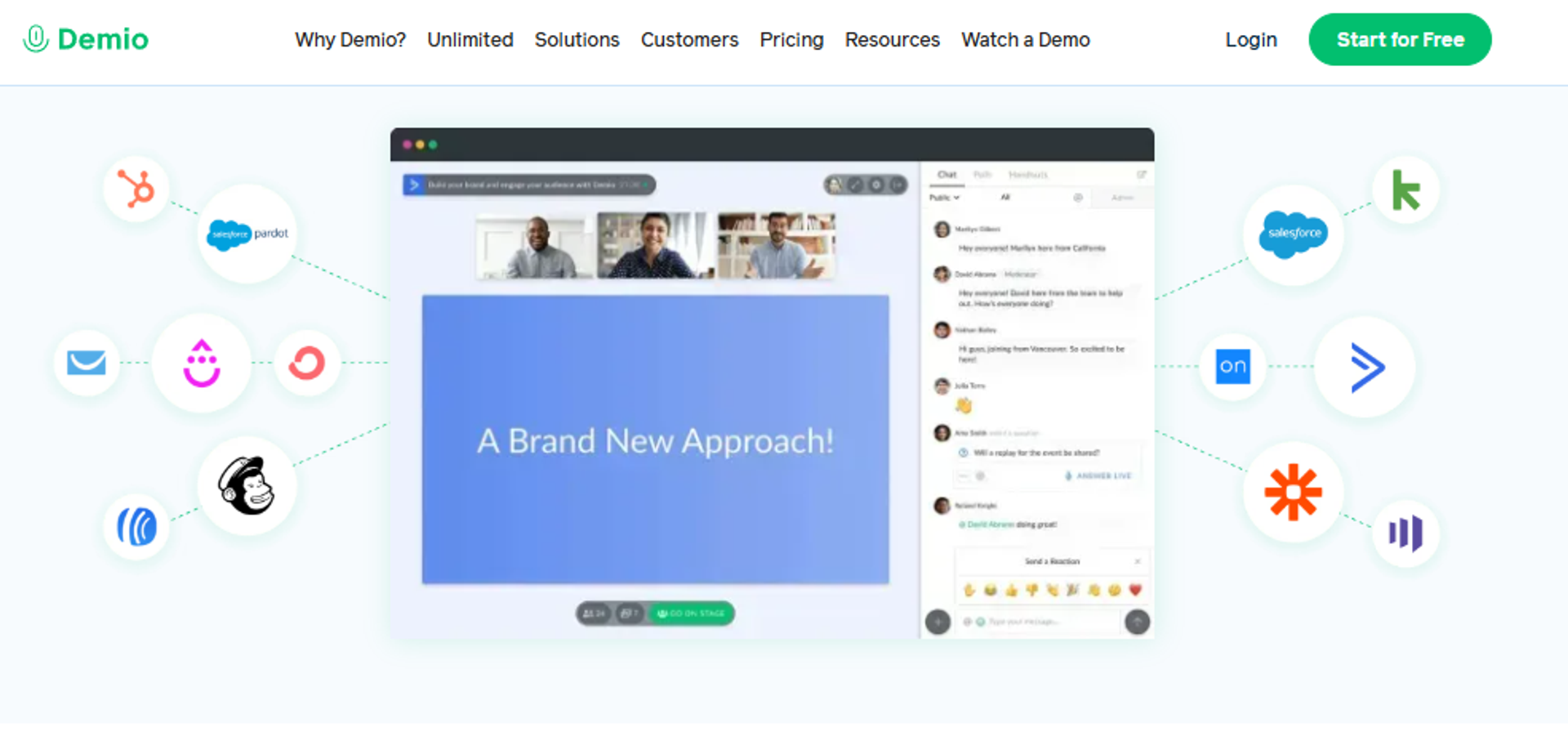 Demio live webinar room with chat panel surrounded by CRM and marketing integration logos