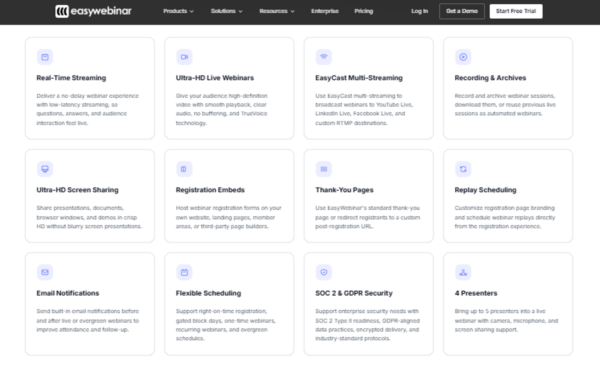 EasyWebinar virtual training platform features for live streaming, scheduling, replays, security, and registrations