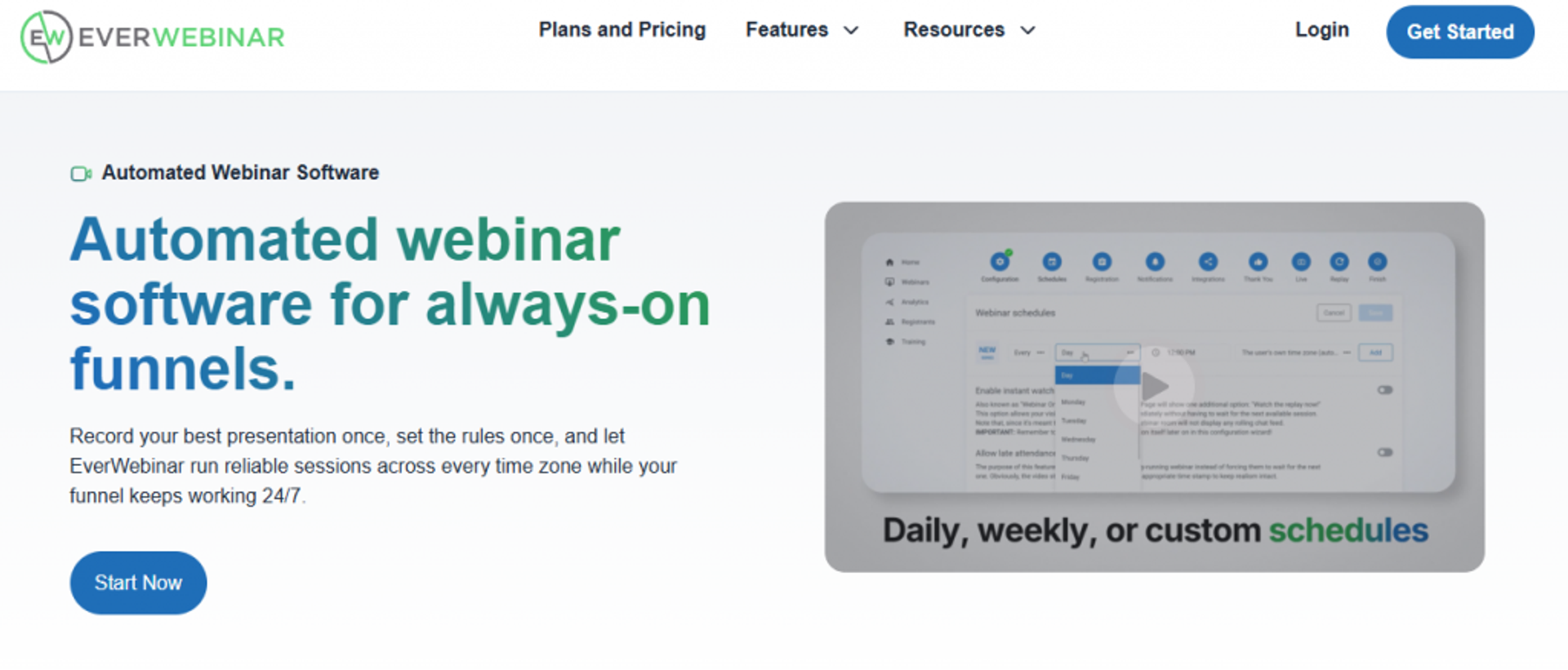 EverWebinar automated webinar scheduling screen showing daily, weekly, and custom session schedules across time zones