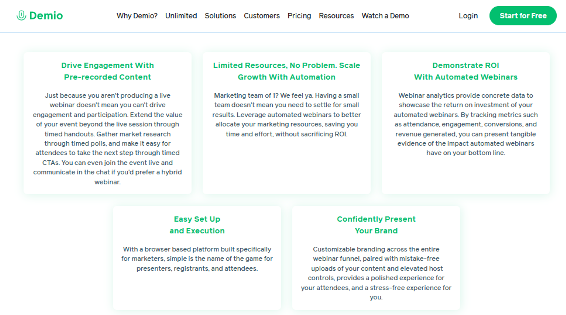 Demio benefit cards on pre-recorded engagement, scaling with automation, and proving ROI from automated webinars