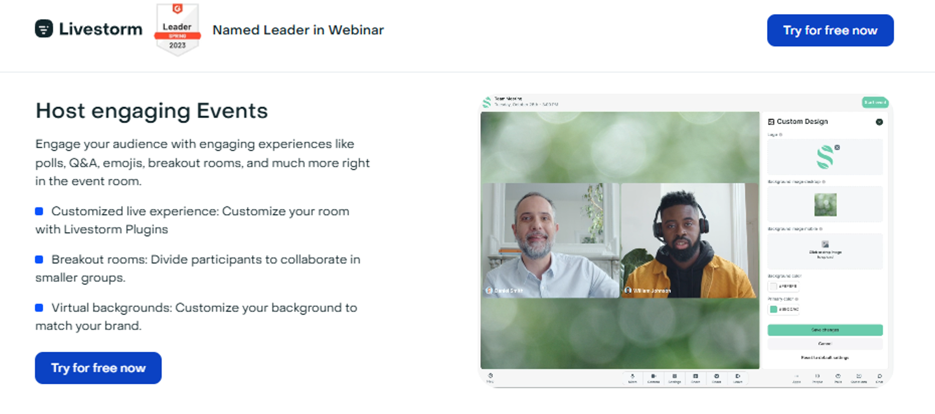 Livestorm event room with polls, Q&A, breakout rooms, and custom design panel for branded webinar sessions