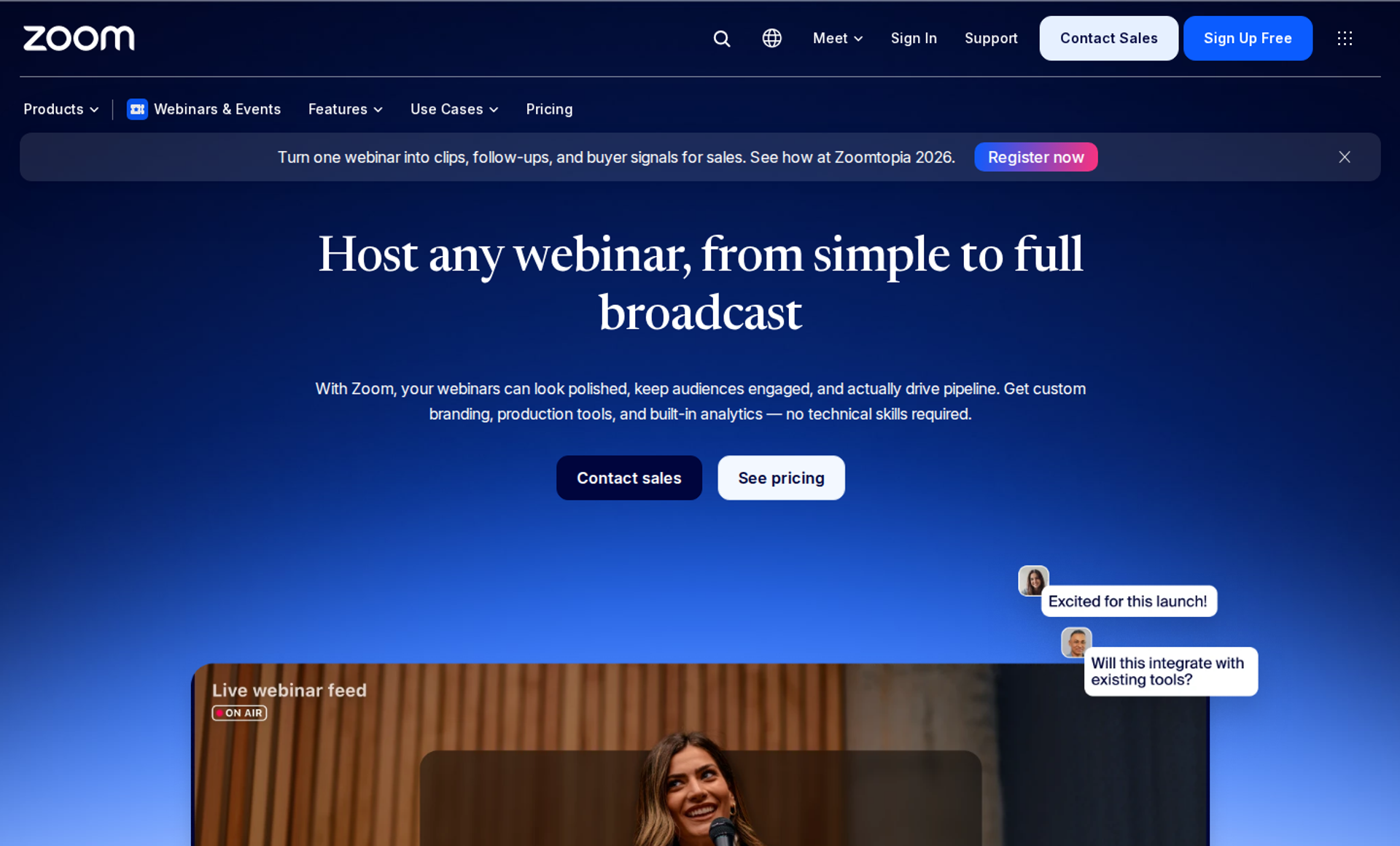 Zoom Webinars page hero reading Host any webinar, with a live webinar feed and attendee chat bubbles
