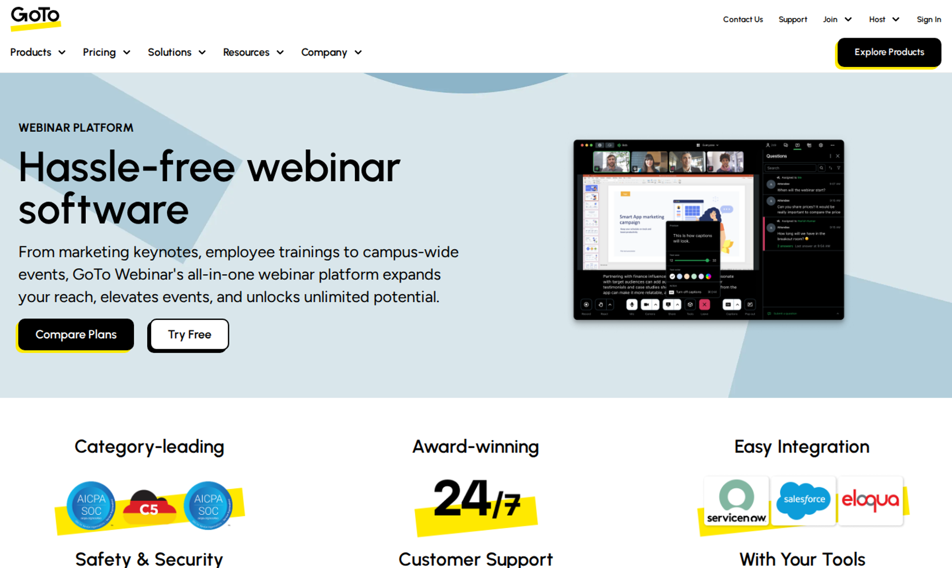 GoTo Webinar homepage hero with headline "Hassle-free webinar software" beside a webinar control panel