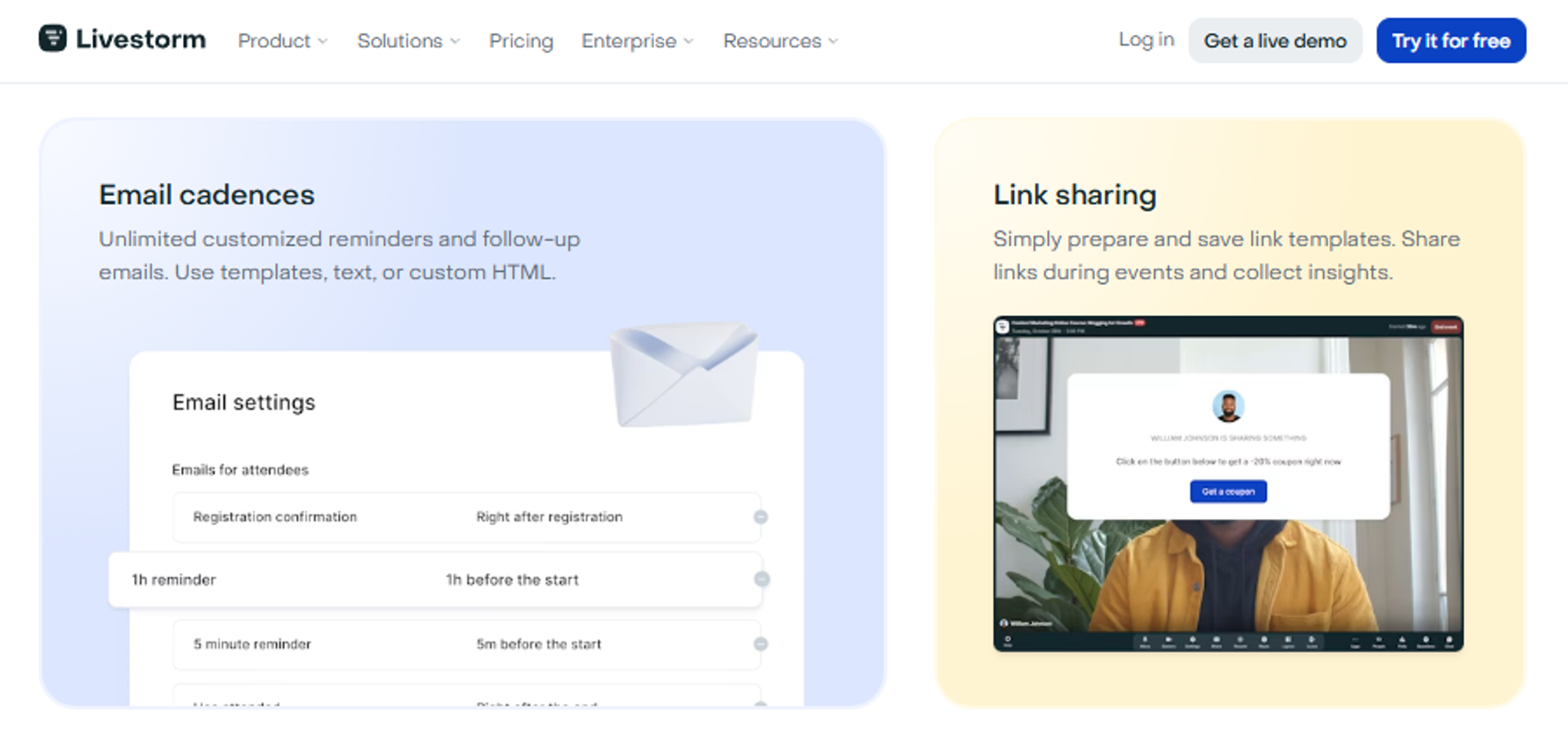 Livestorm email cadence settings and in-webinar link sharing panel showing reminder timings and coupon CTA