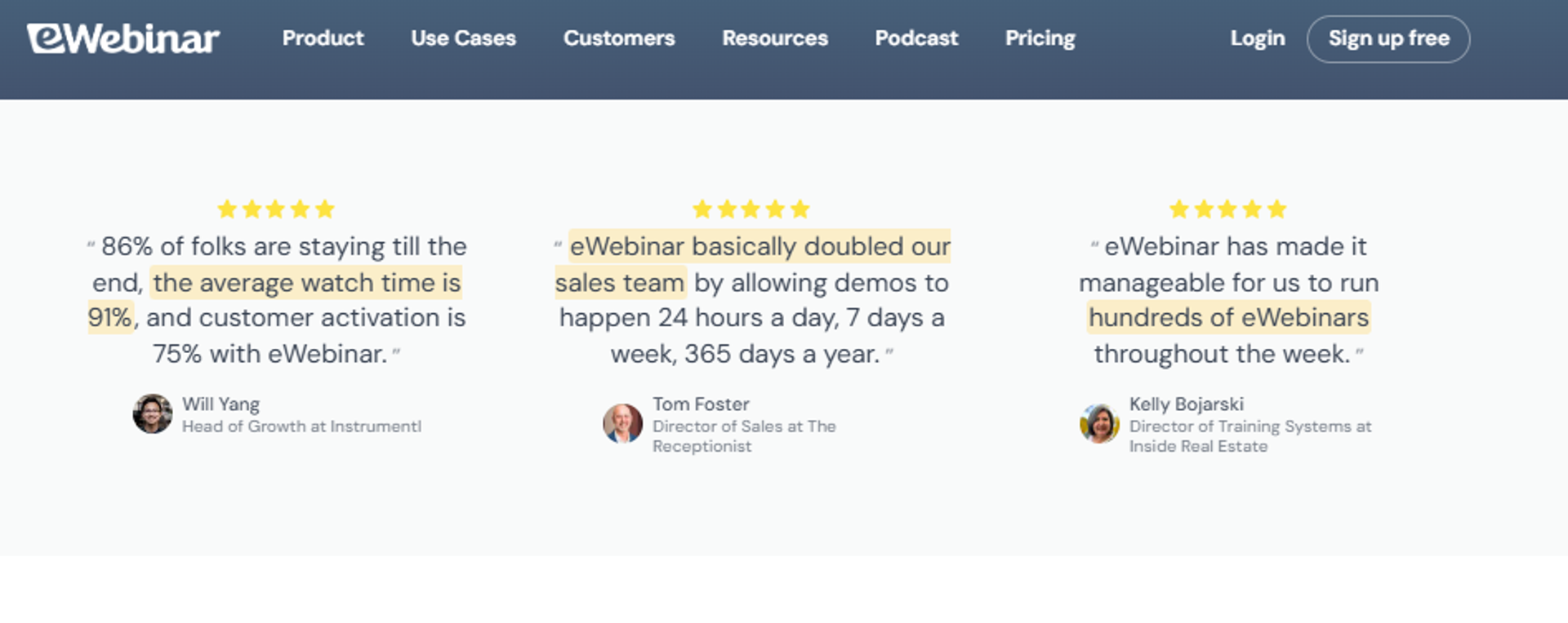 eWebinar customer testimonials citing 91% watch time and doubled sales from automated on-demand webinars