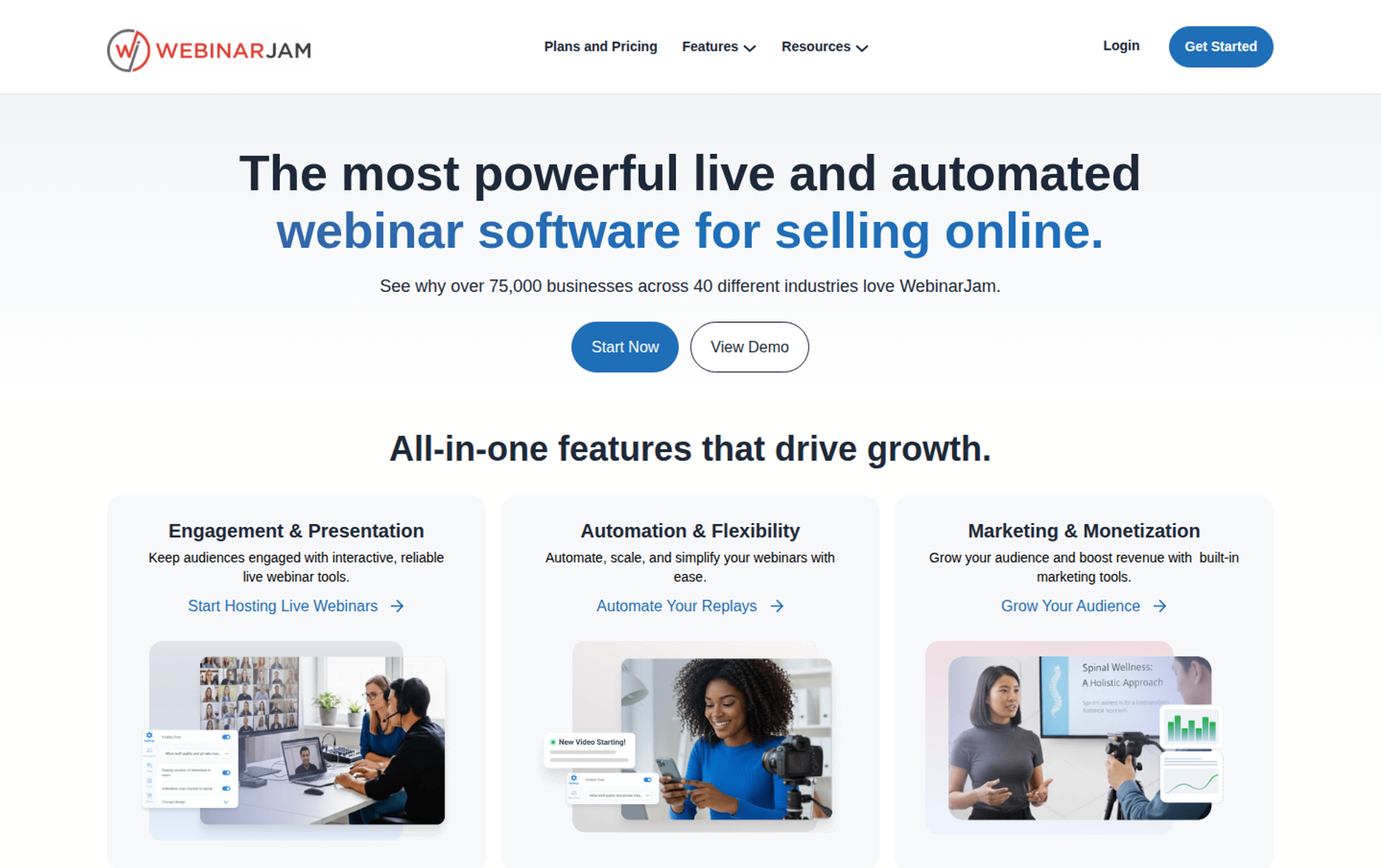 WebinarJam homepage with live and automated webinar headline and three feature cards for engagement, automation, and monetization