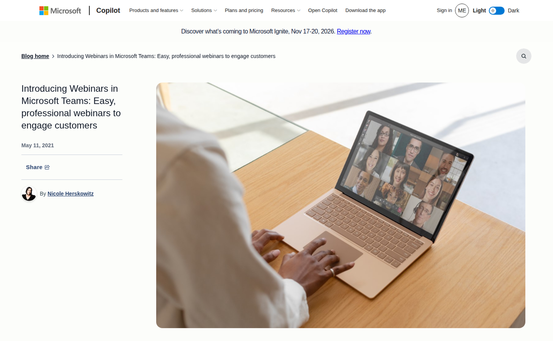 Microsoft blog post Introducing Webinars in Microsoft Teams beside a photo of a laptop showing a Teams video grid