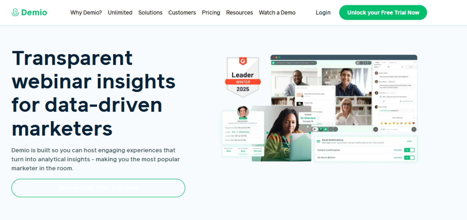 Demio homepage promoting transparent webinar insights for data-driven marketers