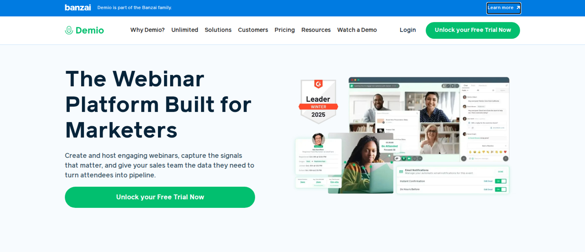 Demio homepage hero with headline "The Webinar Platform Built for Marketers" beside a webinar room and engagement panel