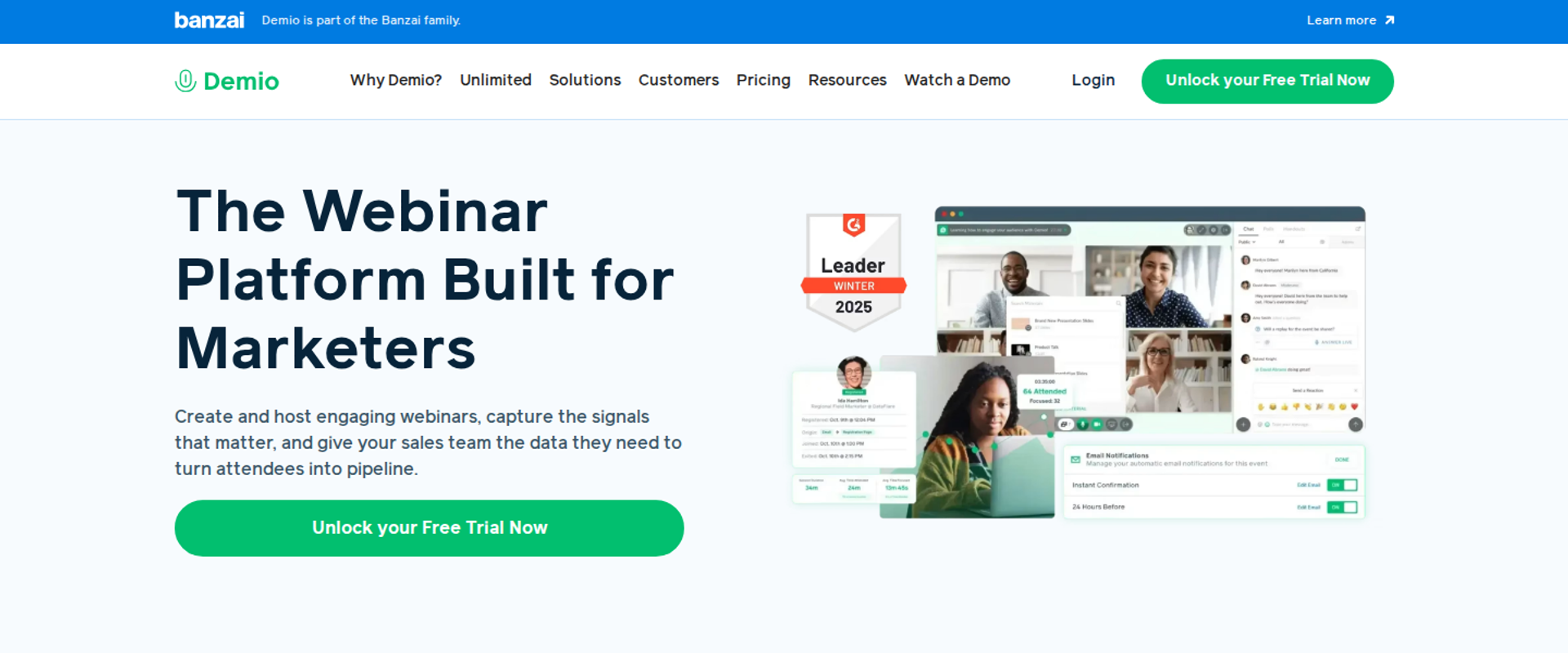 Demio homepage with the headline The Webinar Platform Built for Marketers beside a webinar room with attendee panels