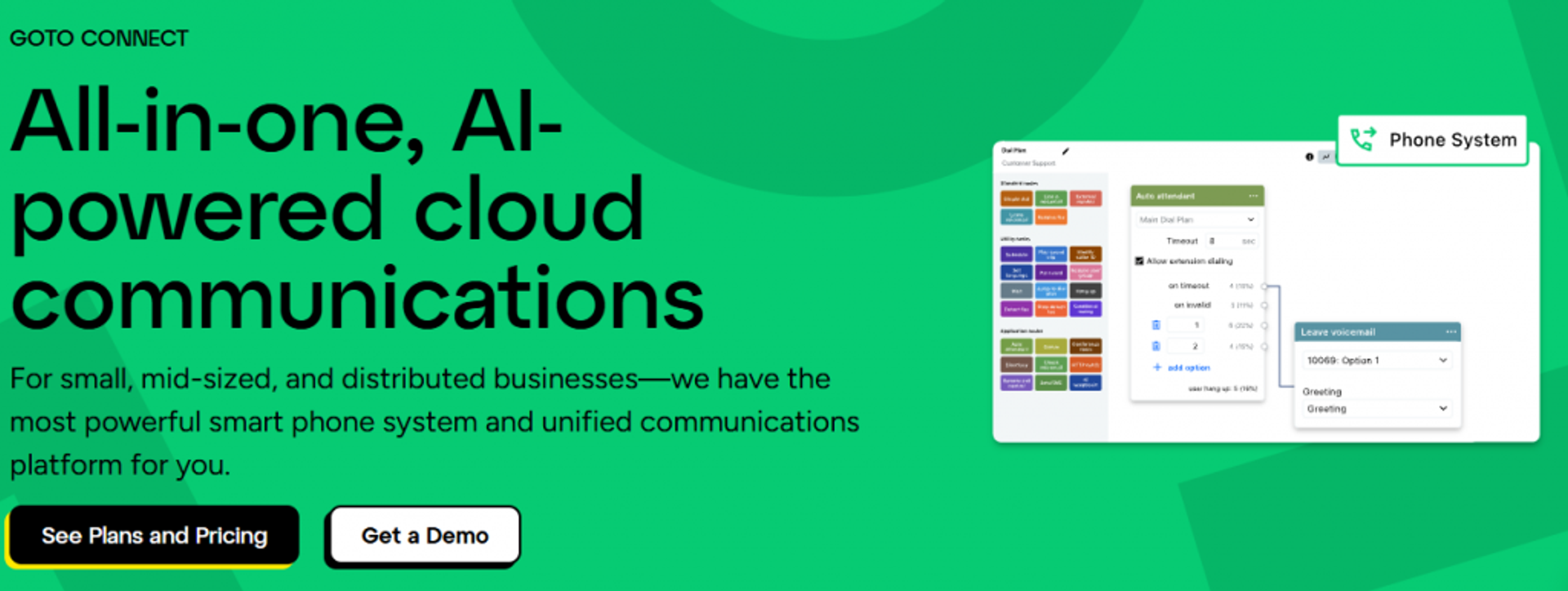 GoTo Connect webpage promoting all-in-one AI-powered cloud communications and phone system for businesses