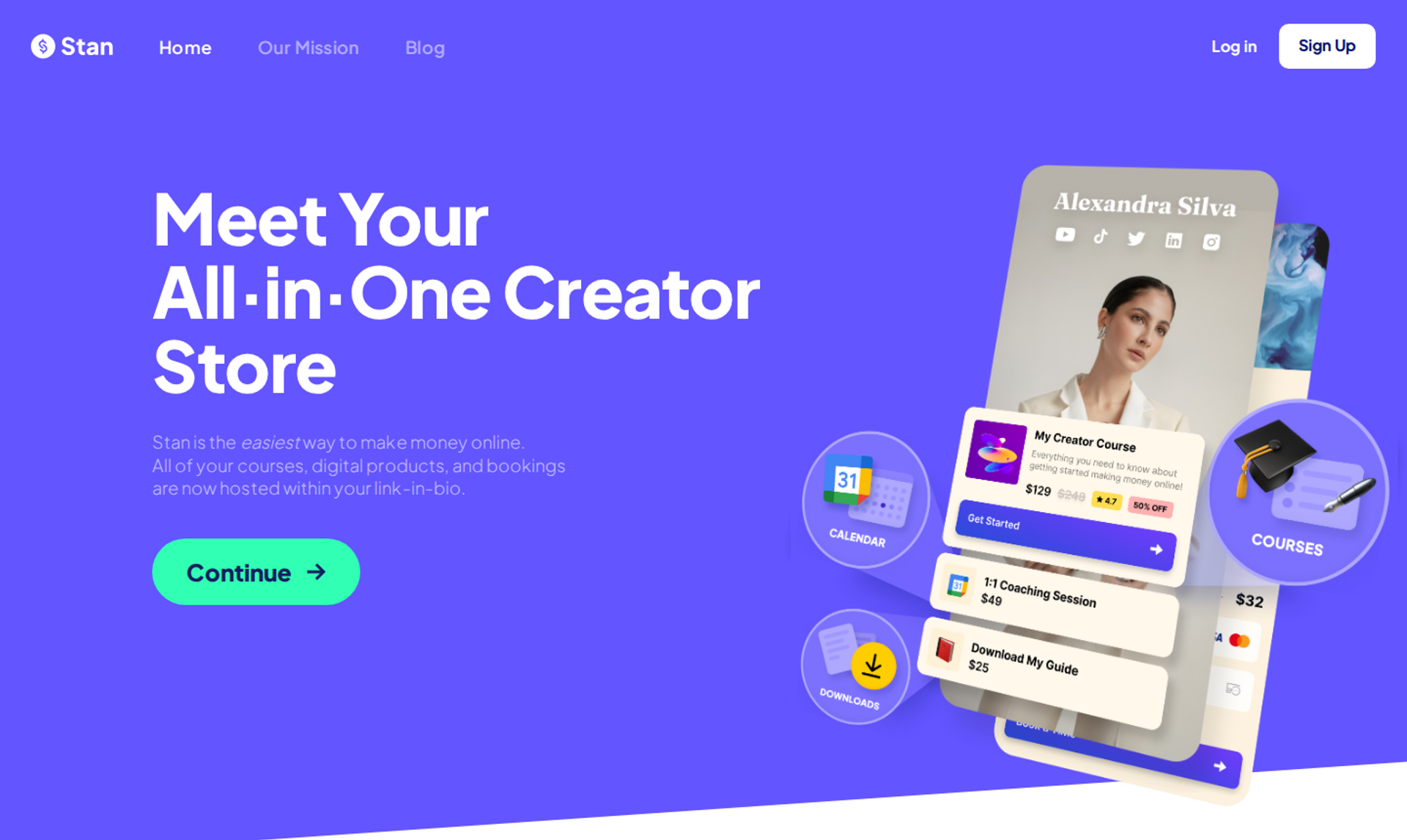 Stan Store homepage hero with creator store headline beside a phone storefront selling courses