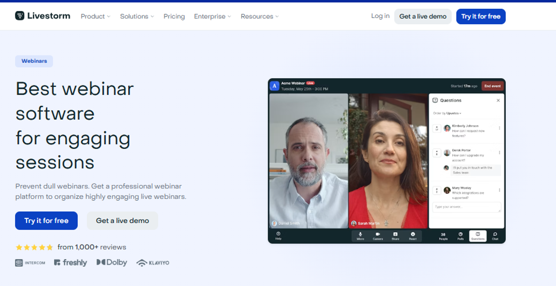 Livestorm homepage promoting engaging webinar software with a live session interface and Q and A panel