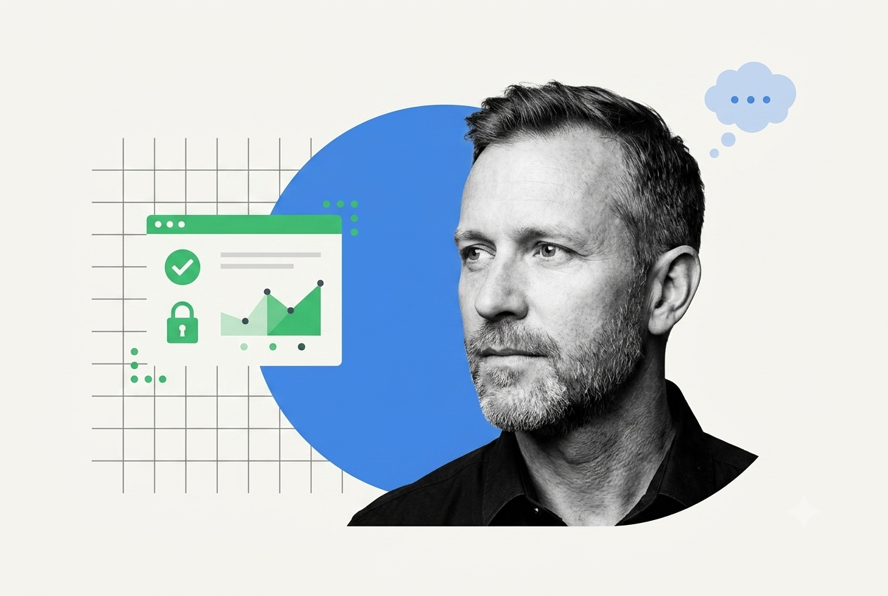 Business owner beside a webinar dashboard showing a padlock, verified checkmark and engagement analytics