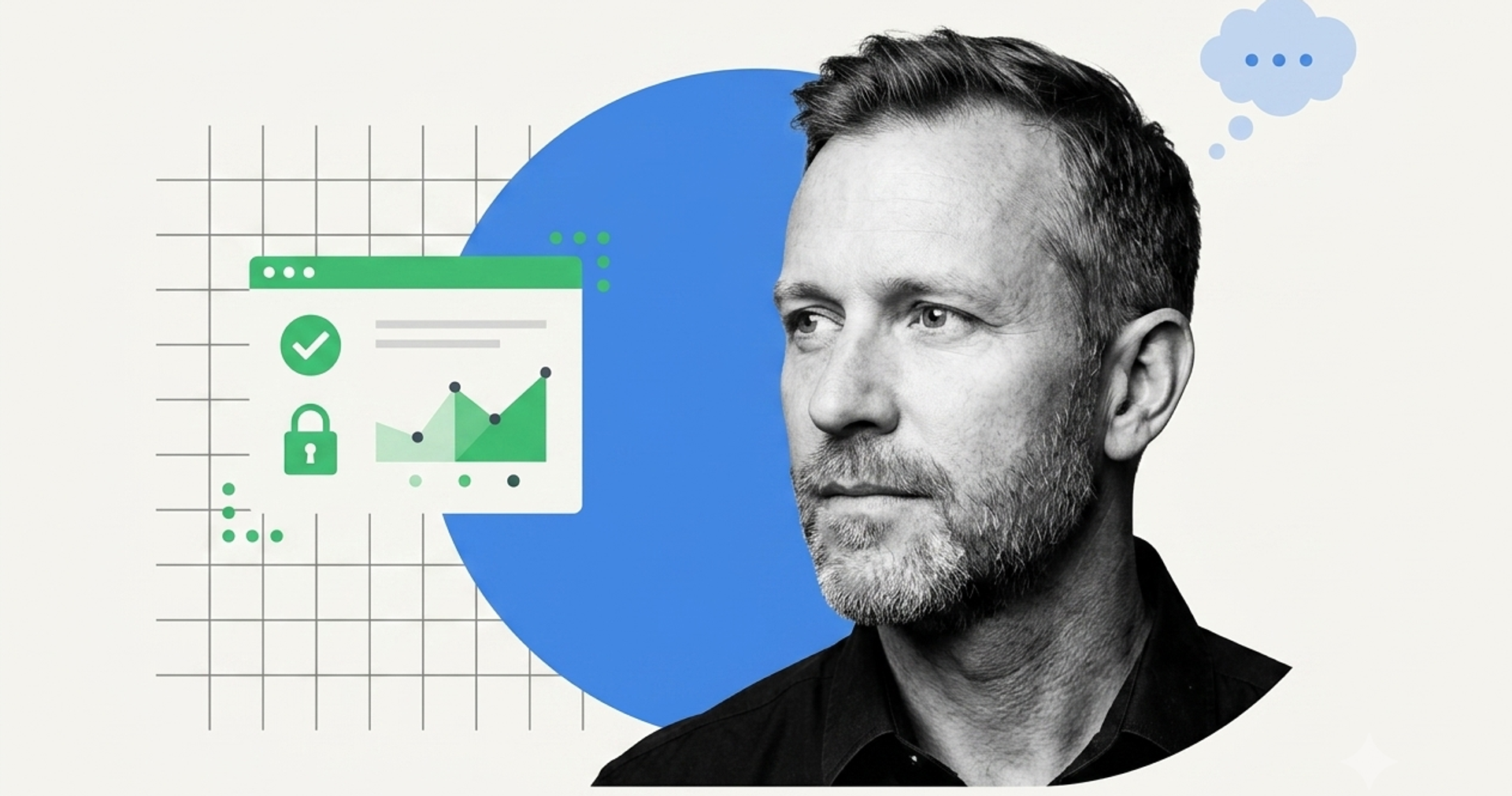 Business owner beside a webinar dashboard showing a padlock, verified checkmark and engagement analytics