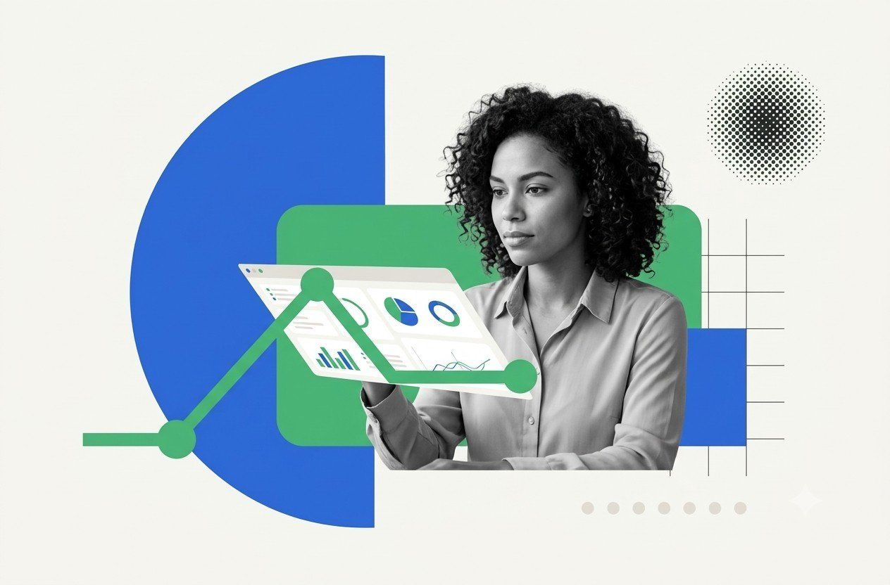 Marketing lead reviewing a webinar analytics dashboard with conversion charts and engagement graphs