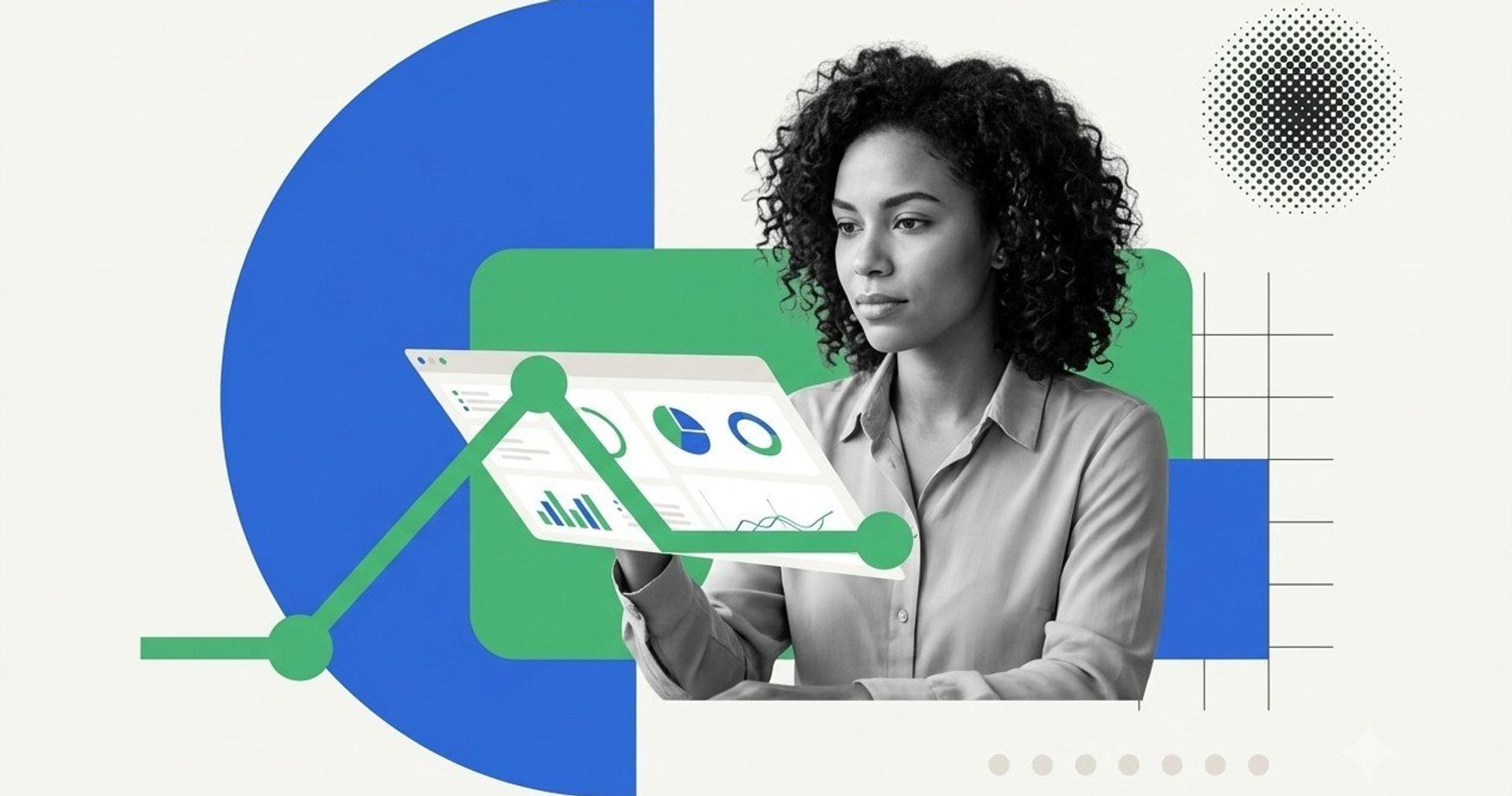 Marketing lead reviewing a webinar analytics dashboard with conversion charts and engagement graphs