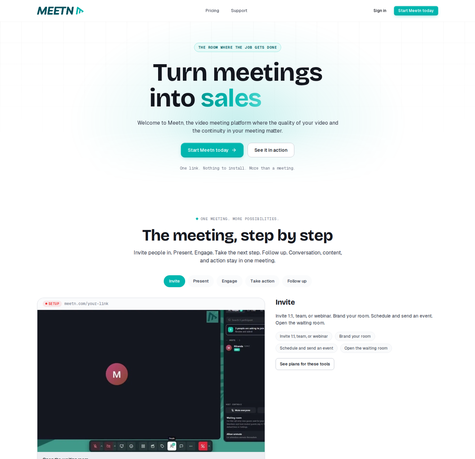 meetn homepage with the headline "Turn meetings into sales" above a meeting room shown on a desktop screen