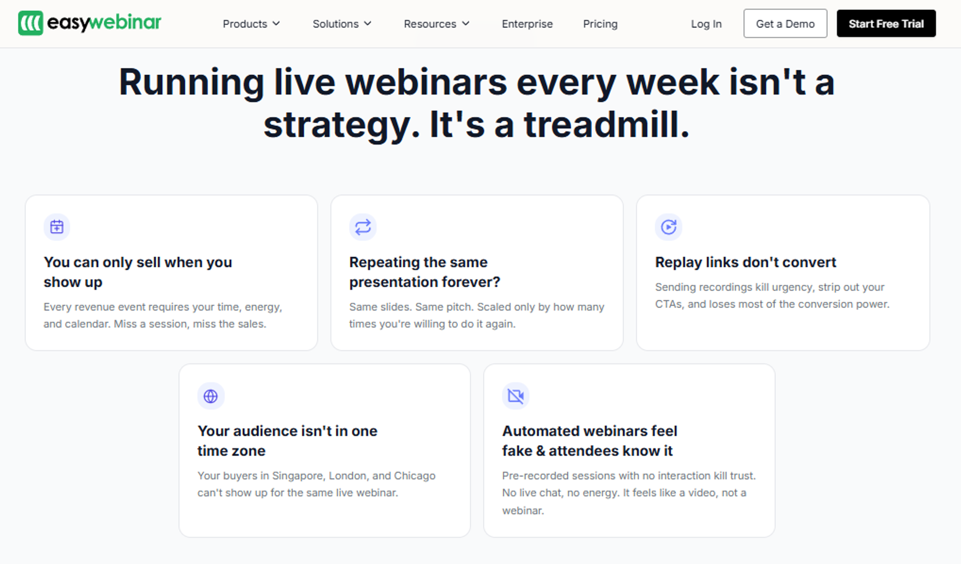 EasyWebinar page challenging the treadmill of running live webinars every week