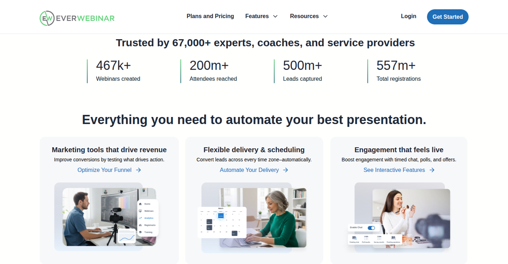 EverWebinar feature section "Everything you need to automate your best presentation" with three feature cards