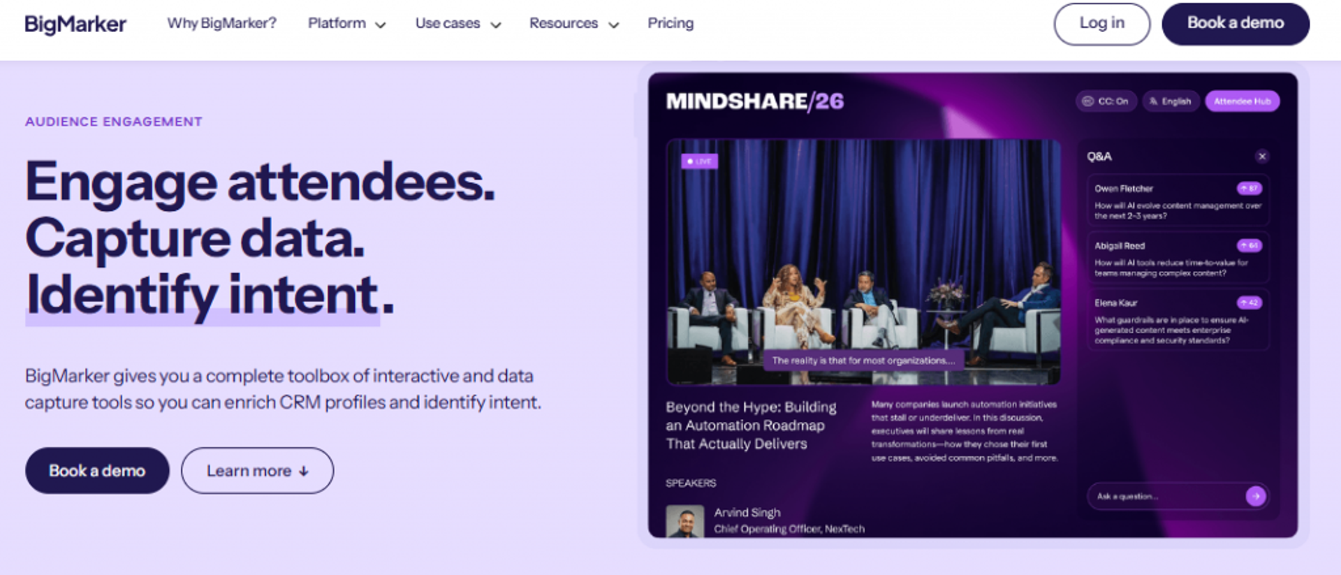  BigMarker audience engagement interface with live Q&A and data capture tools to enrich CRM and identify intent