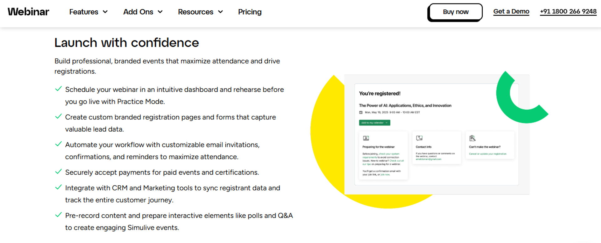 Webinar platform setup screen listing branded registration pages, payments, CRM sync, and simulive prep