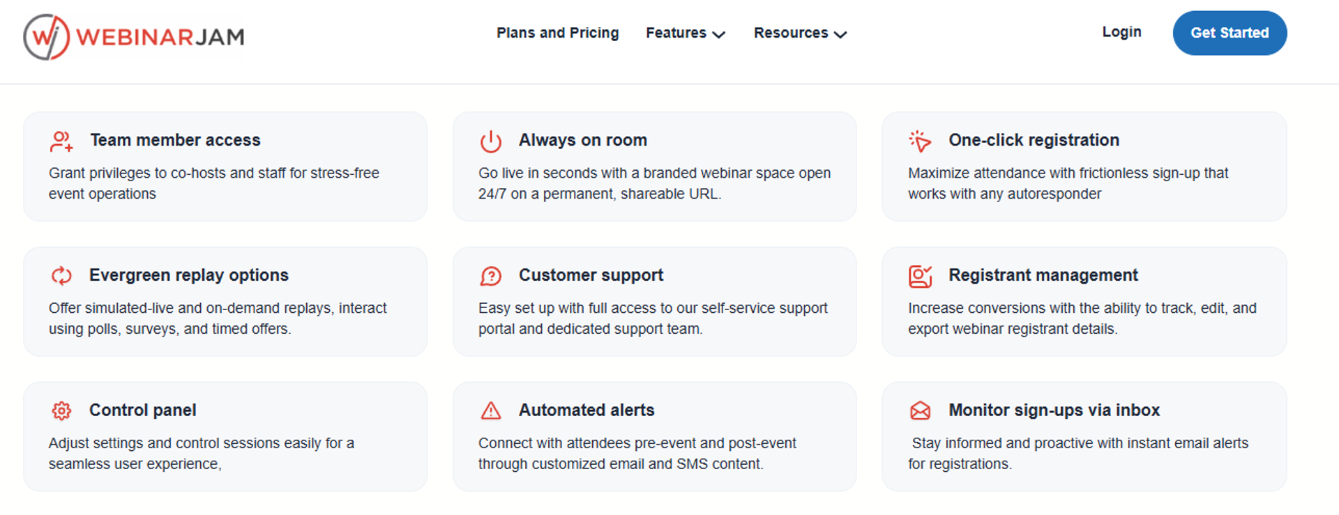WebinarJam feature grid showing team access, evergreen replays, and registrant management
